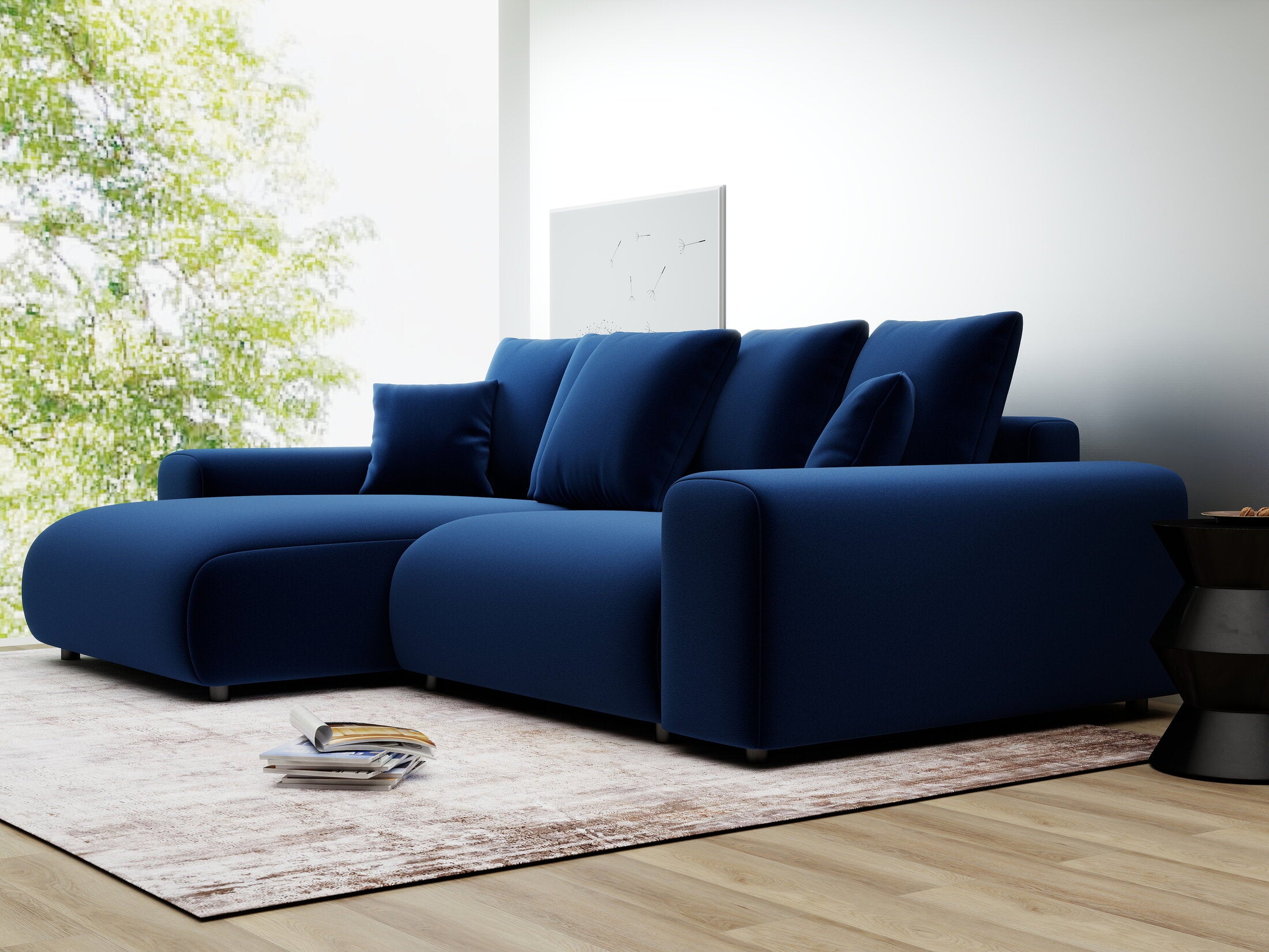 Colțar extensibil dumonde cu ladă de depozitare și șezut confortabil din spumă HR, Luma Royal Albastru Navy 255x168 cm