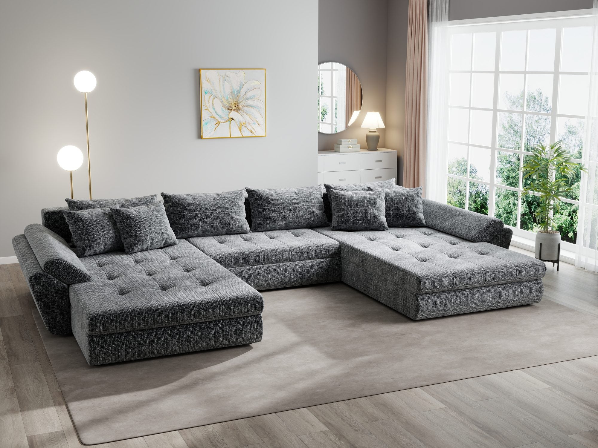Colțar extensibil dumonde cu ladă de depozitare si sezut confortabil din spuma high-density, Loana U Cremona Gri 95 355x185 cm
