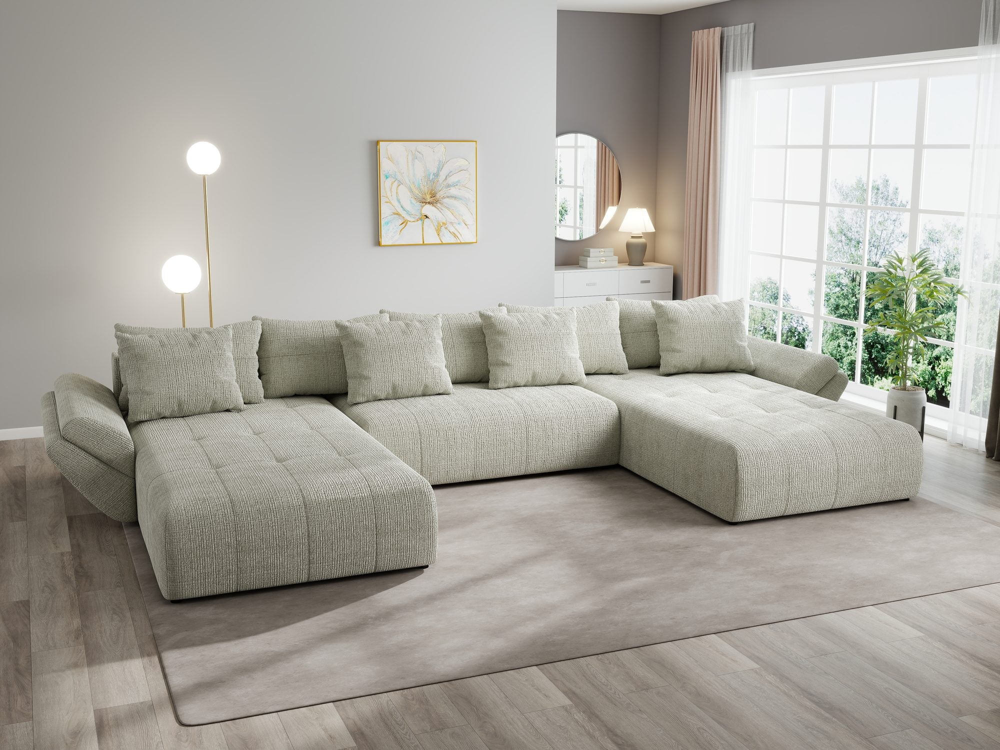 Colțar extensibil dumonde cu ladă de depozitare si sezut confortabil din spuma high-density, Berlin U Cremona Bej 04 380x180 cm