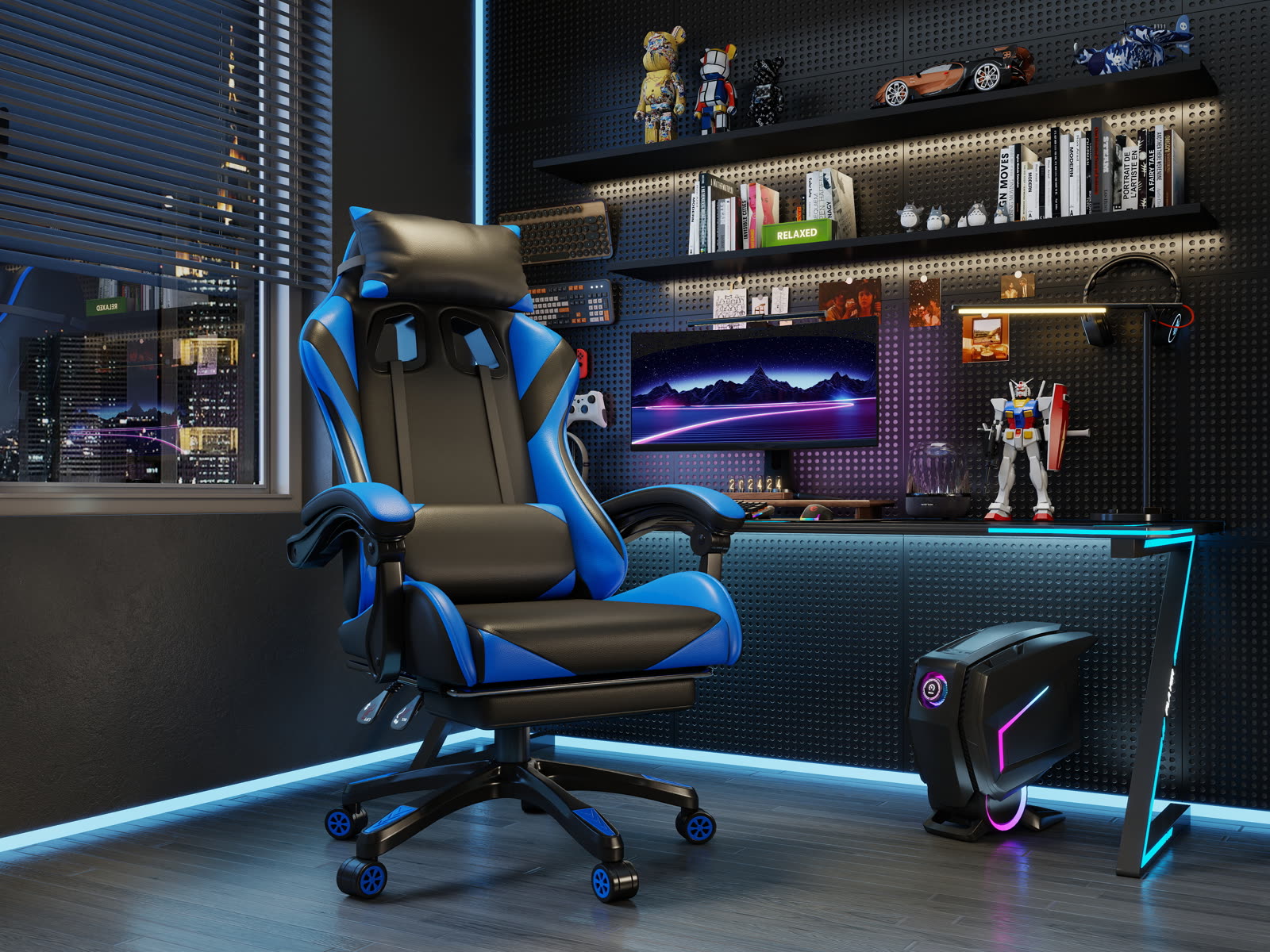 Scaun gaming Dumonde PREDATOR, mecanism multifuncțional, ecopiele, suport picioare, albastru/negru