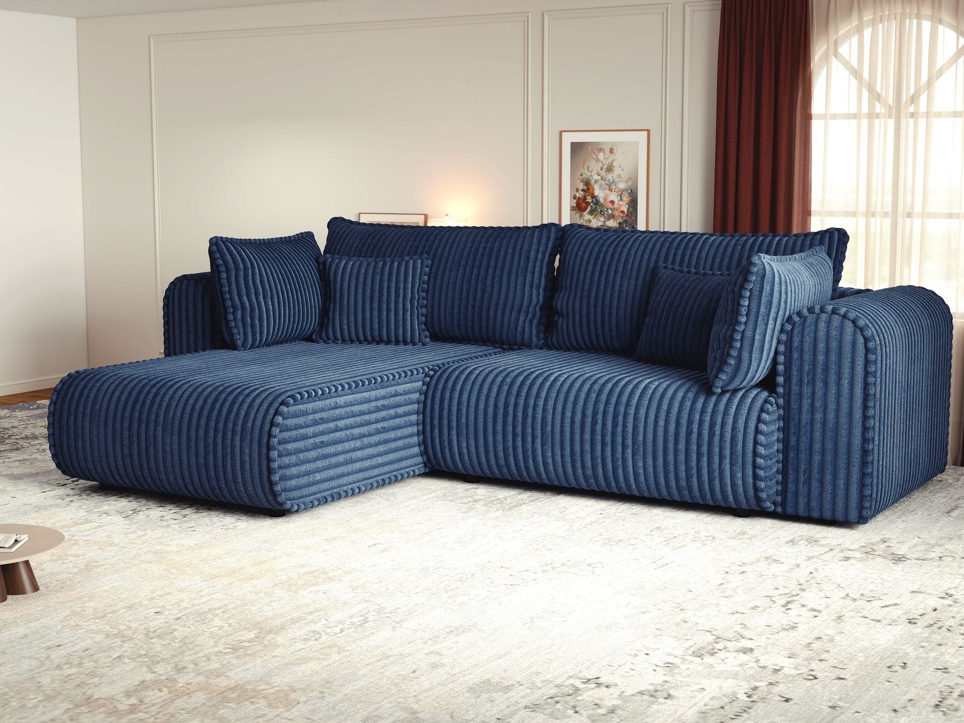 Colțar extensibil dumonde cu ladă de depozitare si sezut confortabil din spuma high-density, Monaco L Tilia Albastru 270x100 cm