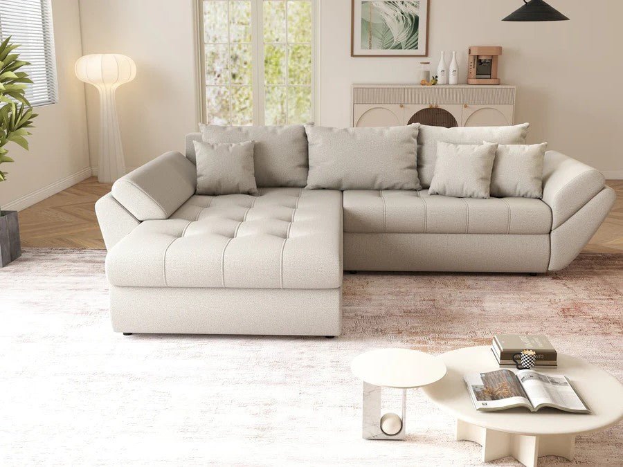 Colțar extensibil dumonde cu ladă de depozitare si sezut confortabil din spuma HR, Loana Enjoy Bej 270x185 cm Fabrica