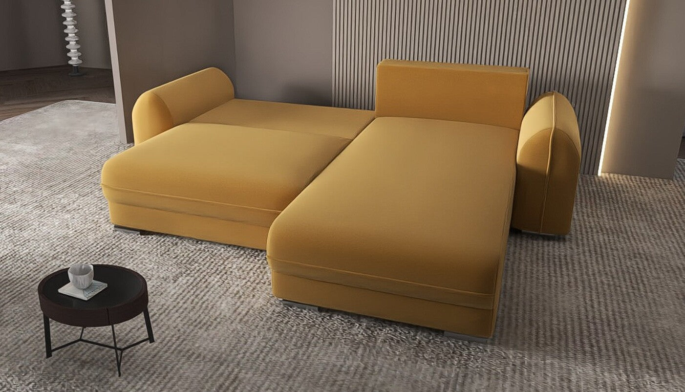 Colțar extensibil dumonde cu ladă de depozitare si sezut confortabil din spuma HR, Denver Royal Mustar 275x185 cm II Fabrica