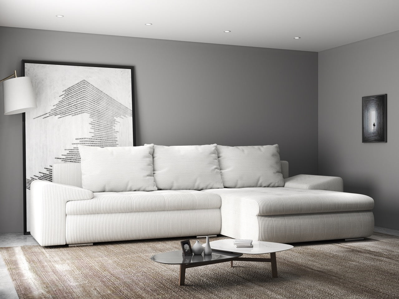 Colțar extensibil dumonde cu ladă de depozitare si sezut confortabil din spuma HR, Leonardo Zoom Crem 260x185 cm II Fabrica