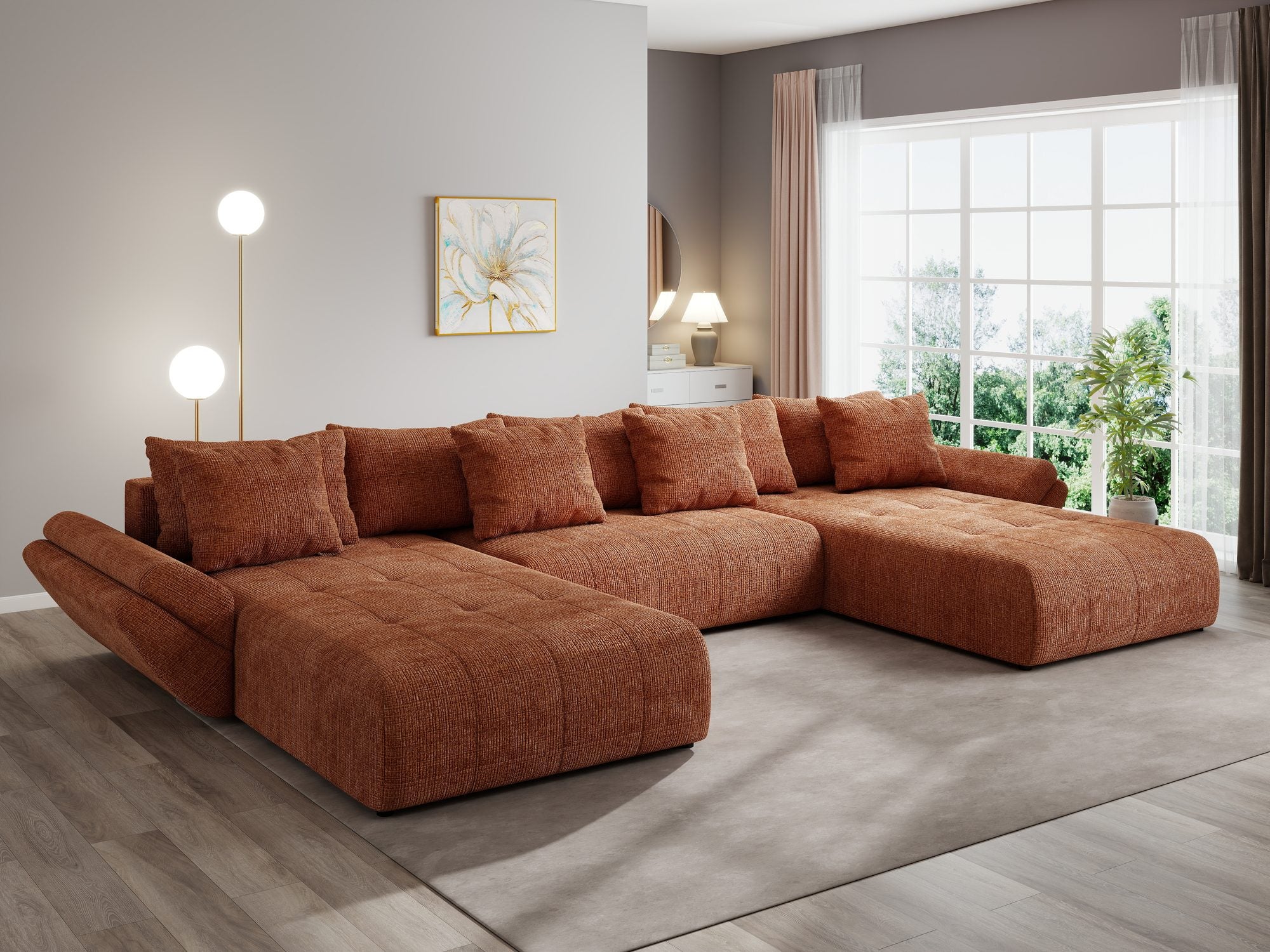 Colțar extensibil dumonde cu ladă de depozitare si sezut confortabil din spuma high-density, Berlin U Cremona Teracota 52 380x180 cm