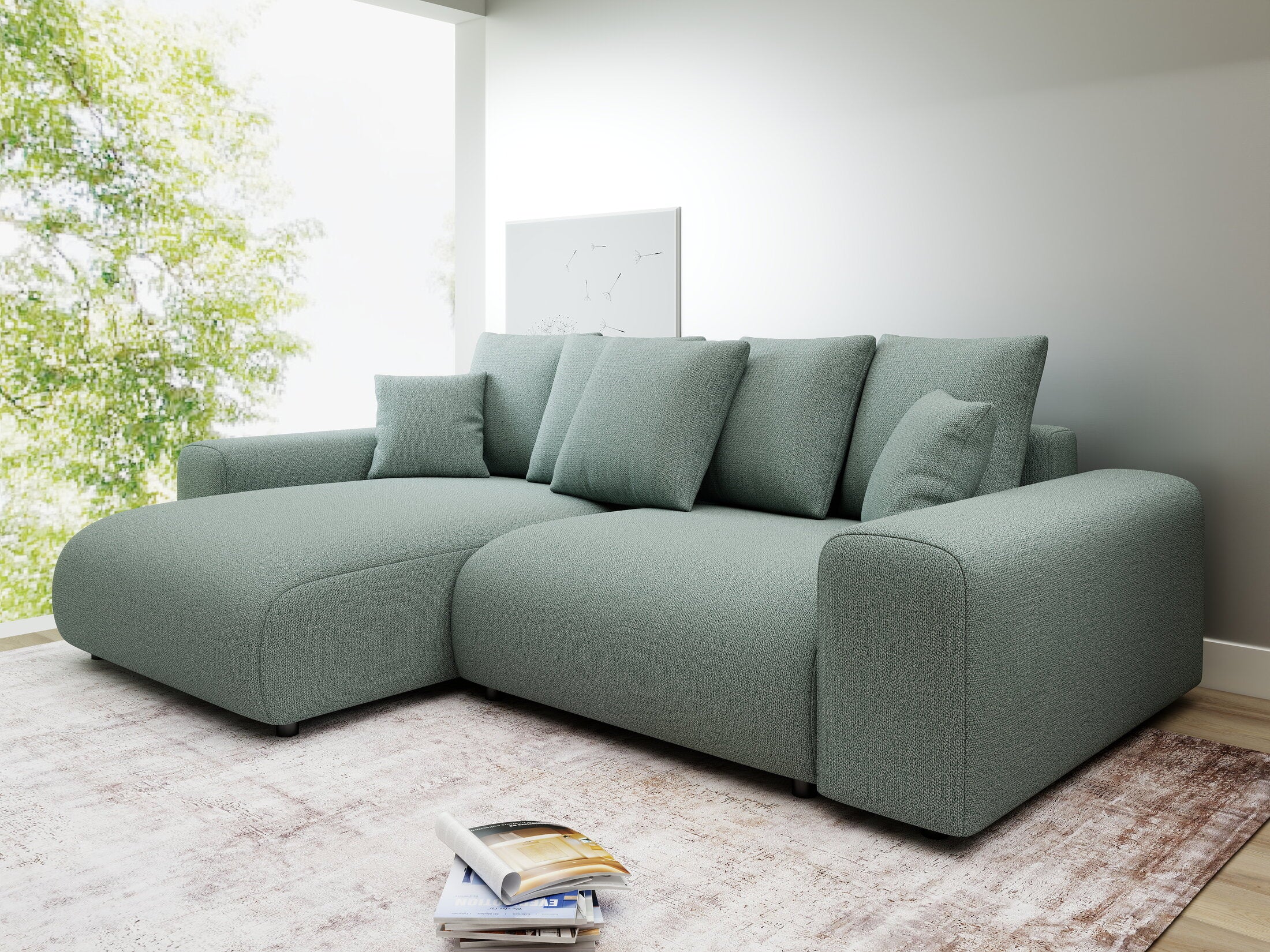 Colțar extensibil dumonde cu ladă de depozitare și șezut confortabil din spumă HR, Luma Enjoy Verde Mint 255x168 cm