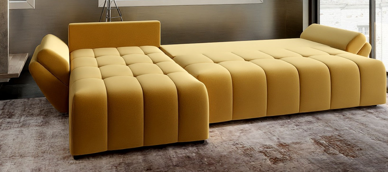 Colțar extensibil dumonde cu ladă de depozitare si sezut confortabil din spuma HR, Berlin XL Royal Mustar 350x185 cm Fabrica