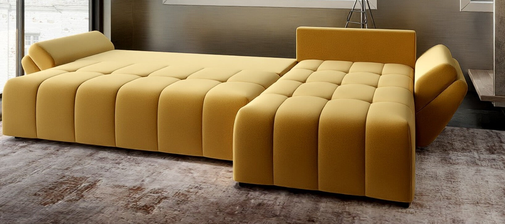 Colțar extensibil dumonde cu ladă de depozitare si sezut confortabil din spuma HR, Berlin XL Royal Mustar 350x185 cm II Fabrica