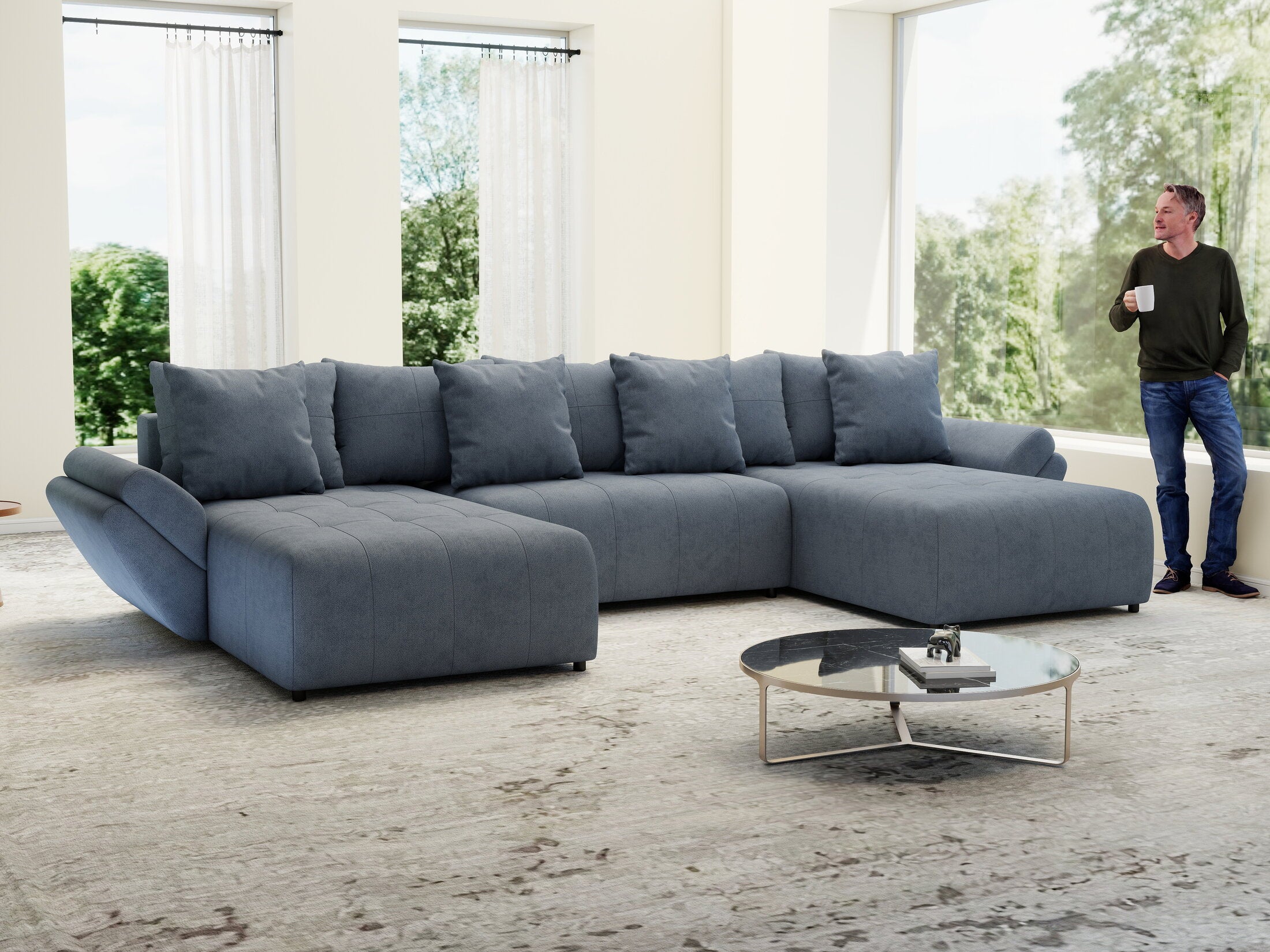 Colțar extensibil dumonde cu ladă de depozitare si sezut confortabil din spuma HR, Berlin U Enjoy Antracit 380x180 cm