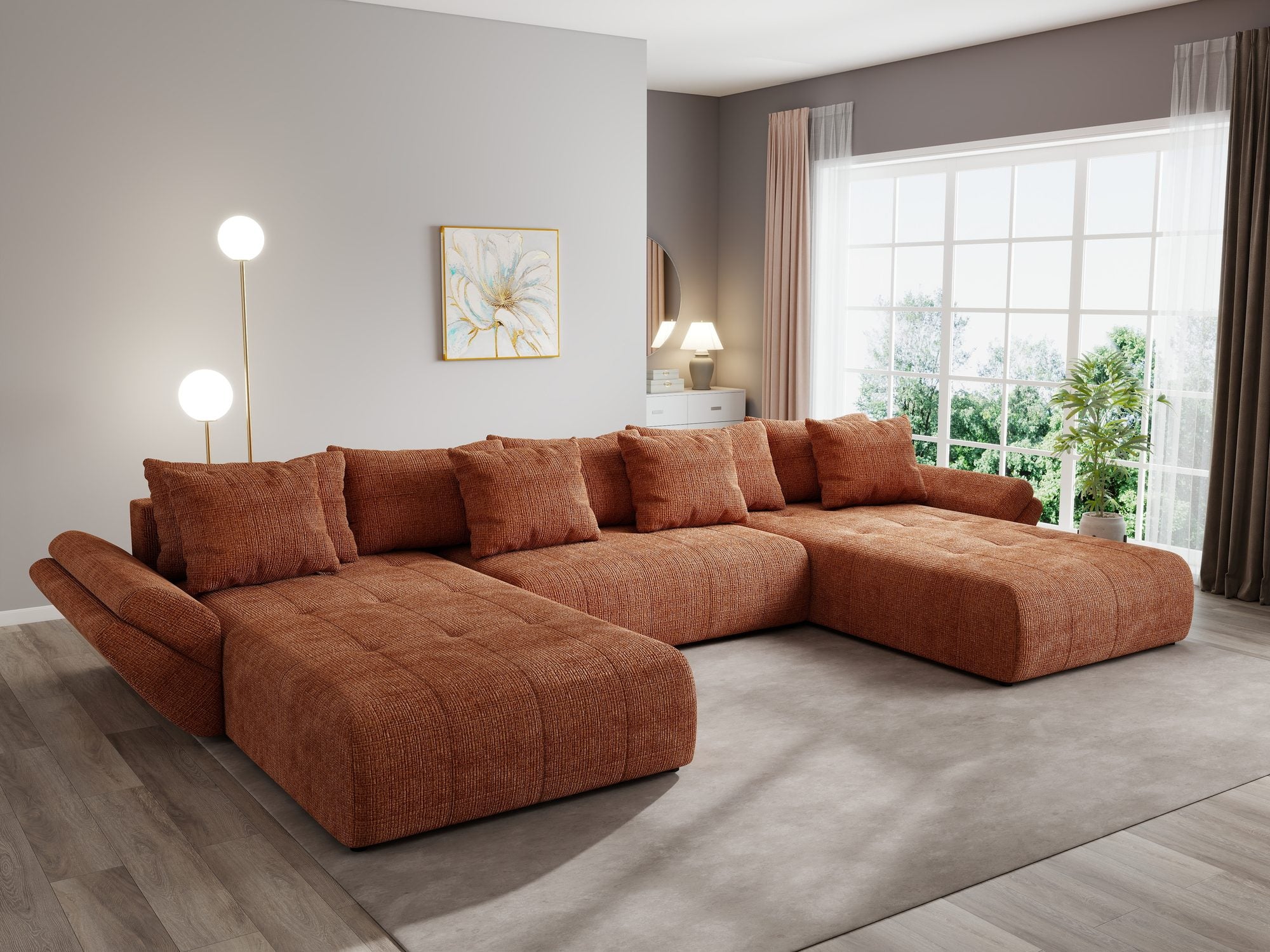 Colțar extensibil dumonde cu ladă de depozitare si sezut confortabil din spuma high-density, Berlin U Cremona Teracota 52 380x180 cm