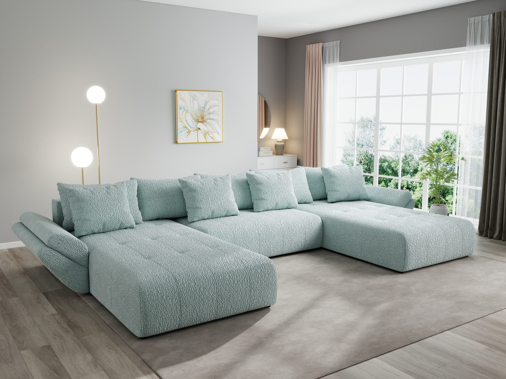 Colțar extensibil dumonde cu ladă de depozitare si sezut confortabil din spuma high-density, Berlin U Jaguar Verde Mint 16 380x180 cm