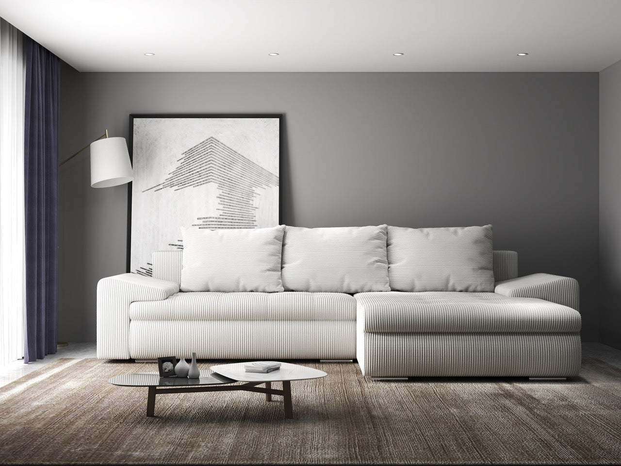 Colțar extensibil dumonde cu ladă de depozitare si sezut confortabil din spuma HR, Leonardo Zoom Crem 260x185 cm II Fabrica