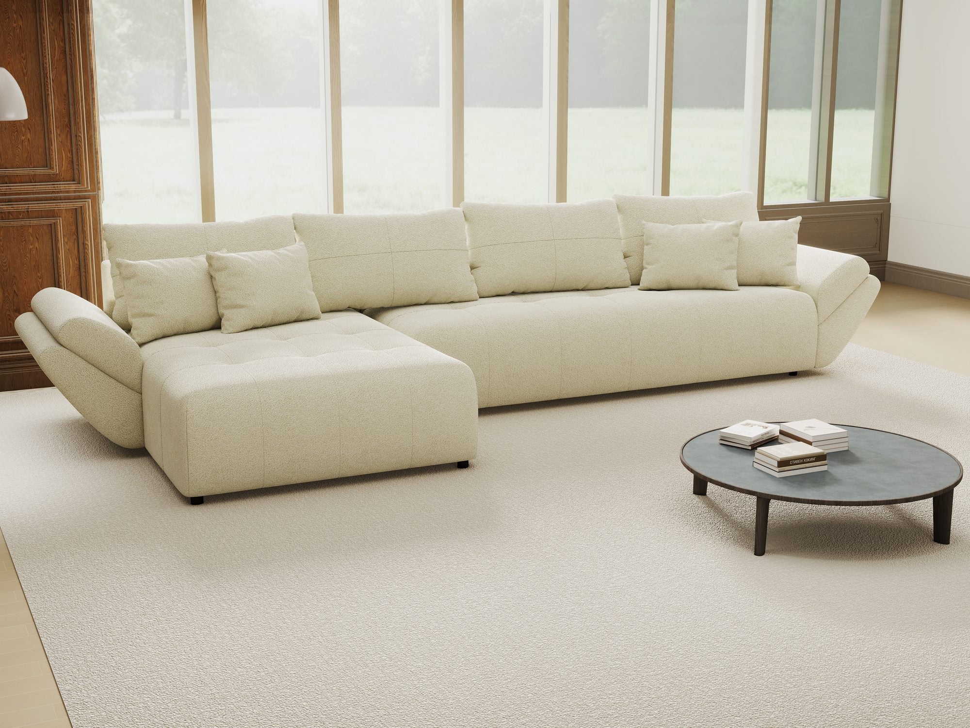 Colțar extensibil dumonde cu ladă de depozitare si sezut confortabil din spuma high-density, Berlin XL Quelle Bej 02 350x185 cm