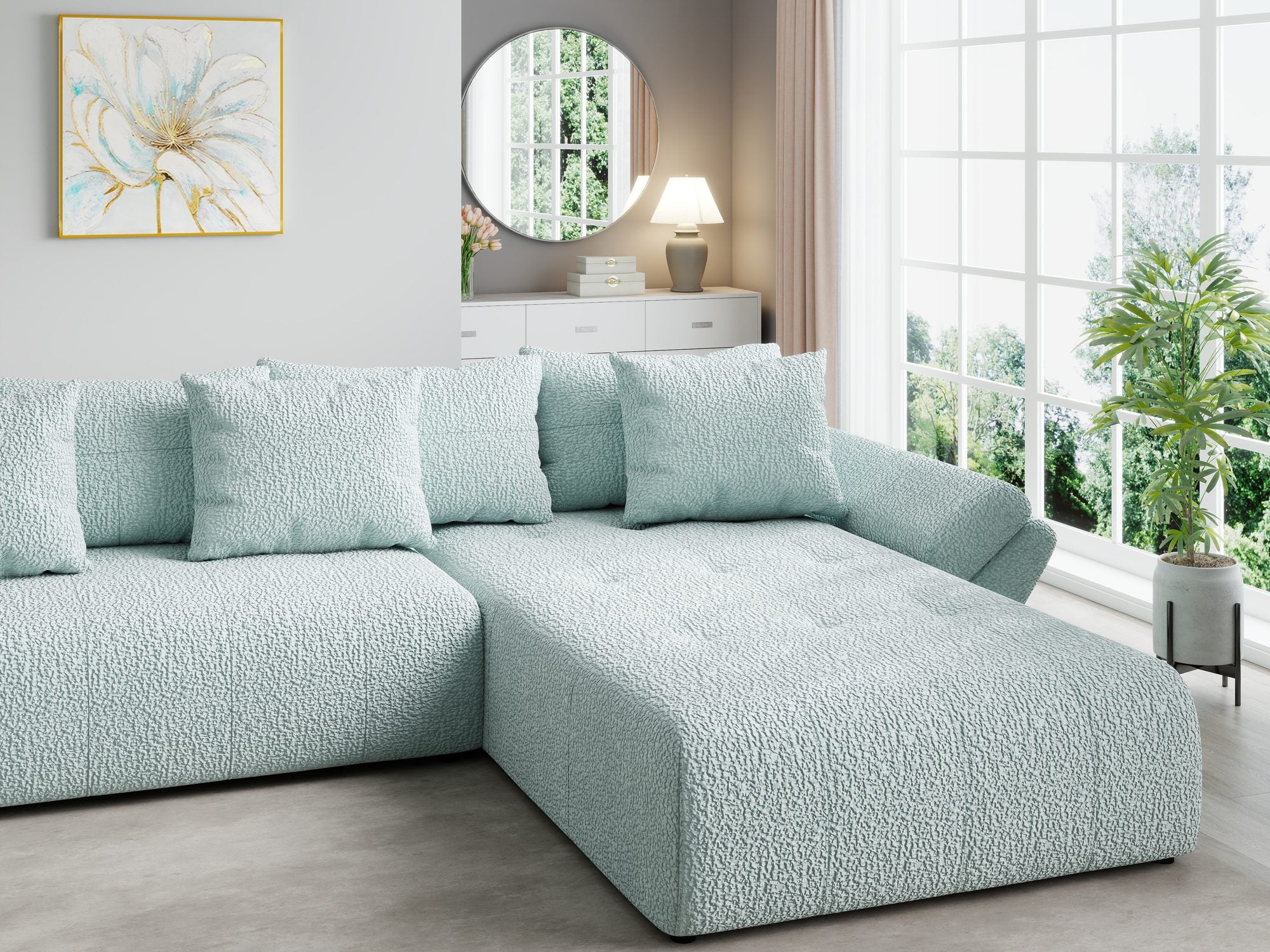 Colțar extensibil dumonde cu ladă de depozitare si sezut confortabil din spuma high-density, Berlin U Jaguar Verde Mint 16 380x180 cm