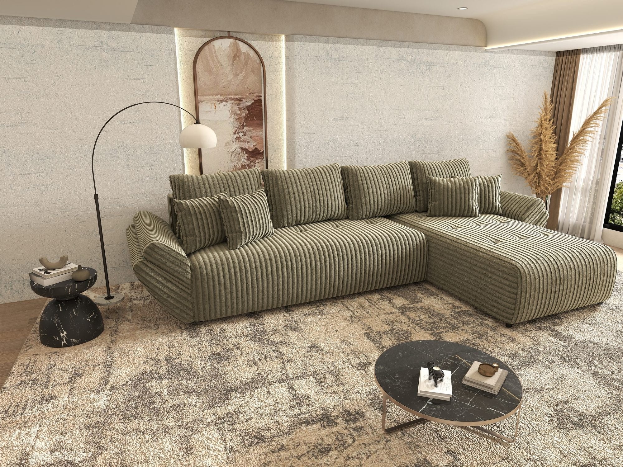 Colțar extensibil dumonde cu ladă de depozitare si sezut confortabil din spuma high-density, Berlin XL Tilia Verde Olive 37 II 350x185 cm