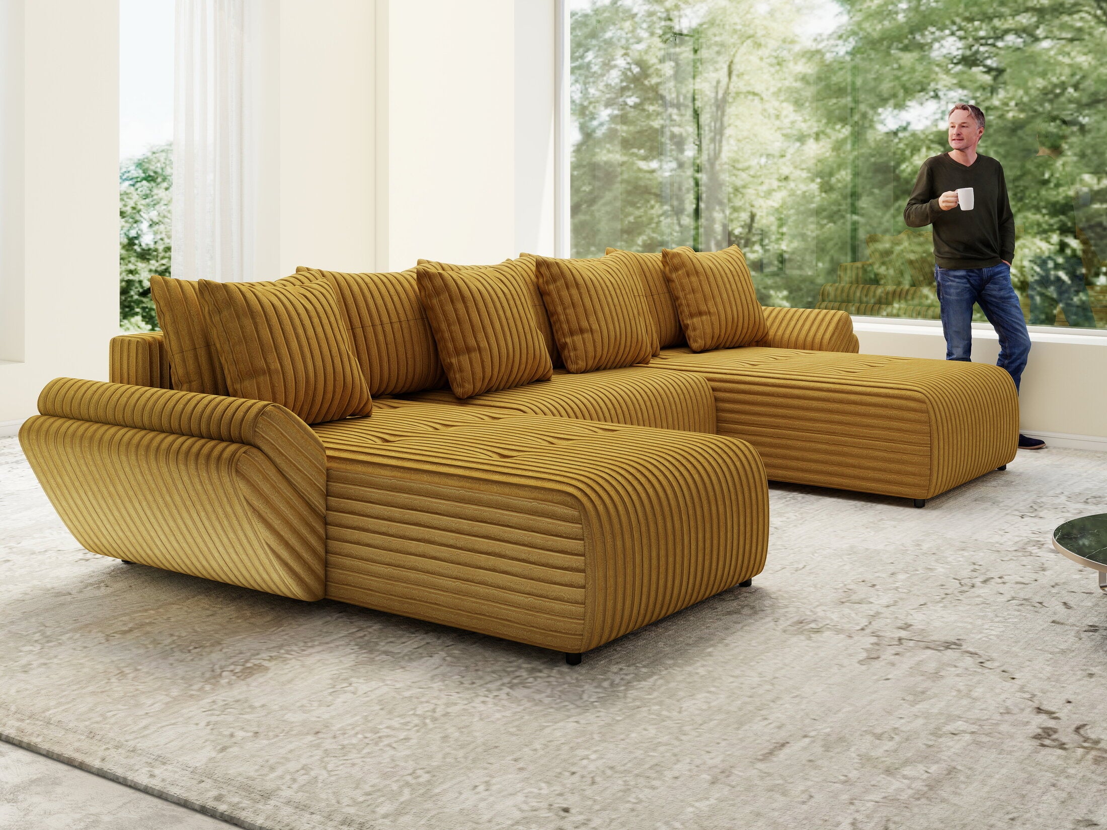Colțar extensibil dumonde cu ladă de depozitare Berlin U Ambiance Mustar 400x185 cm
