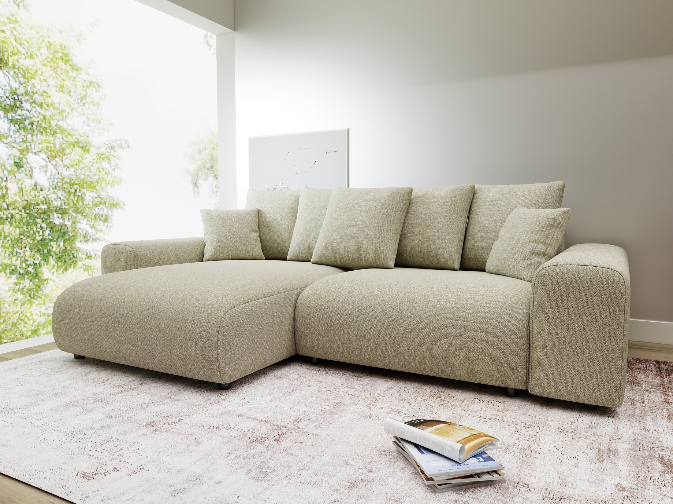 Colțar extensibil dumonde cu ladă de depozitare și șezut confortabil din spumă HR, Luma Enjoy Bej 255x168 cm