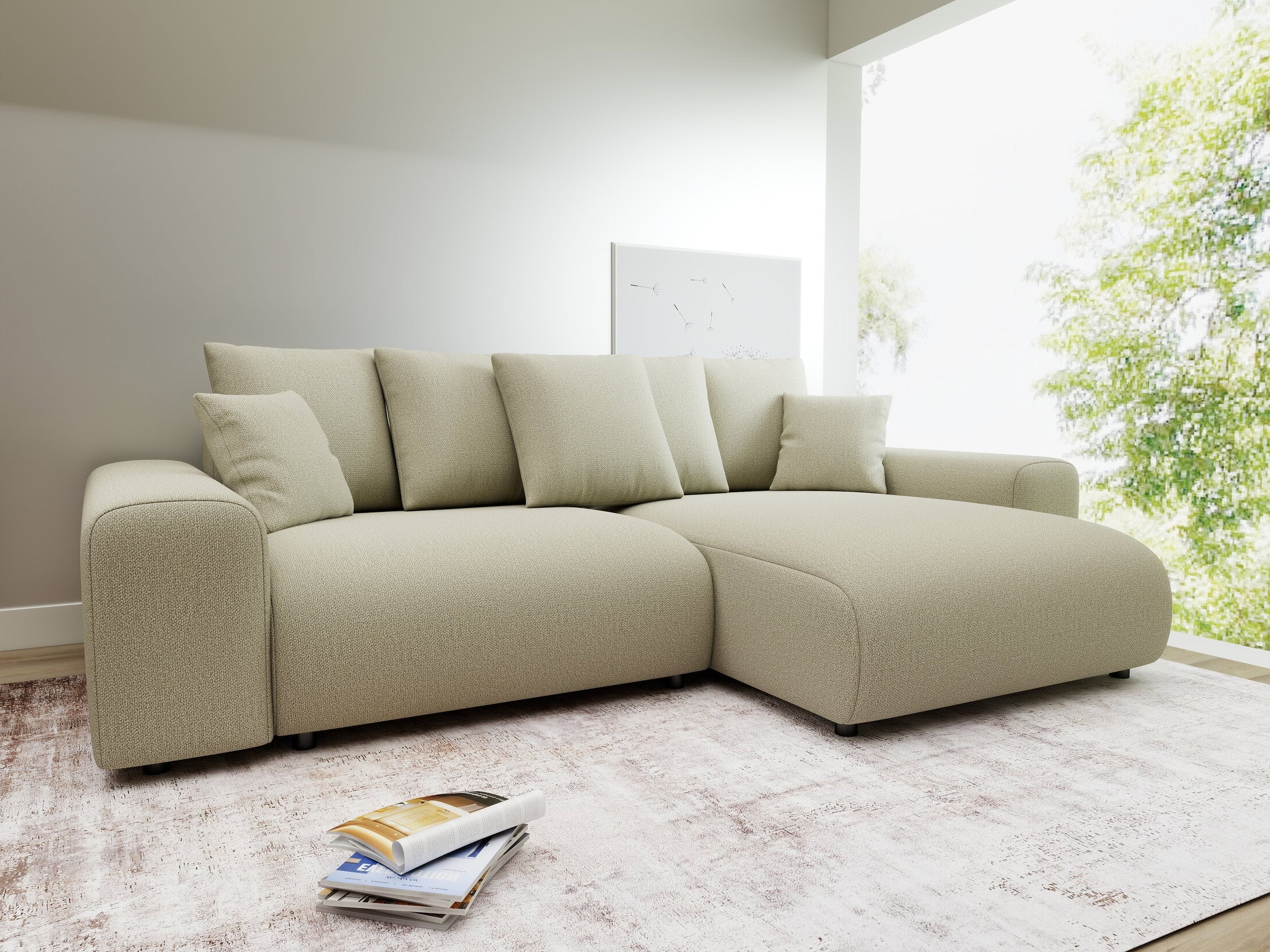 Colțar extensibil dumonde cu ladă de depozitare și șezut confortabil din spumă HR, Luma Enjoy Bej 255x168 cm II