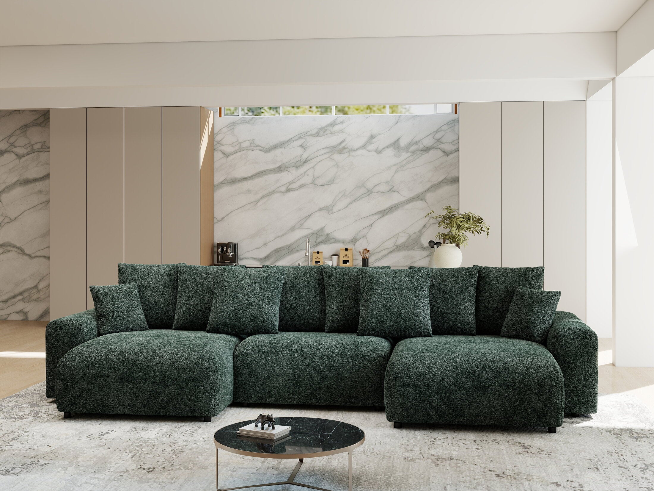 Colțar extensibil dumonde cu ladă de depozitare si sezut confortabil din spuma HR, Luma U Euphoria Verde 336x140 cm