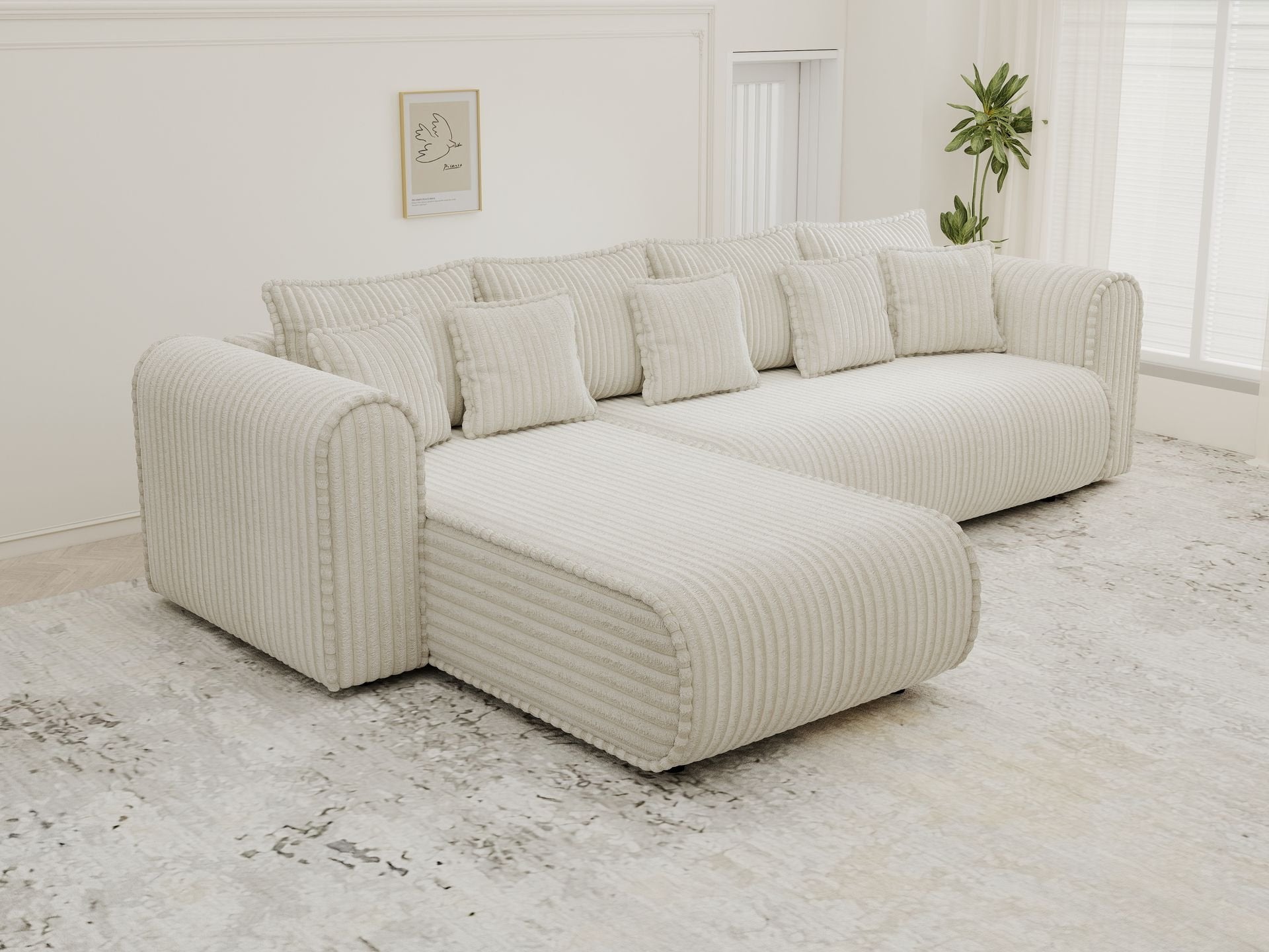 Colțar extensibil dumonde cu ladă de depozitare si sezut confortabil din spuma high-density, Monaco XL Tilia Crem 340x185 cm
