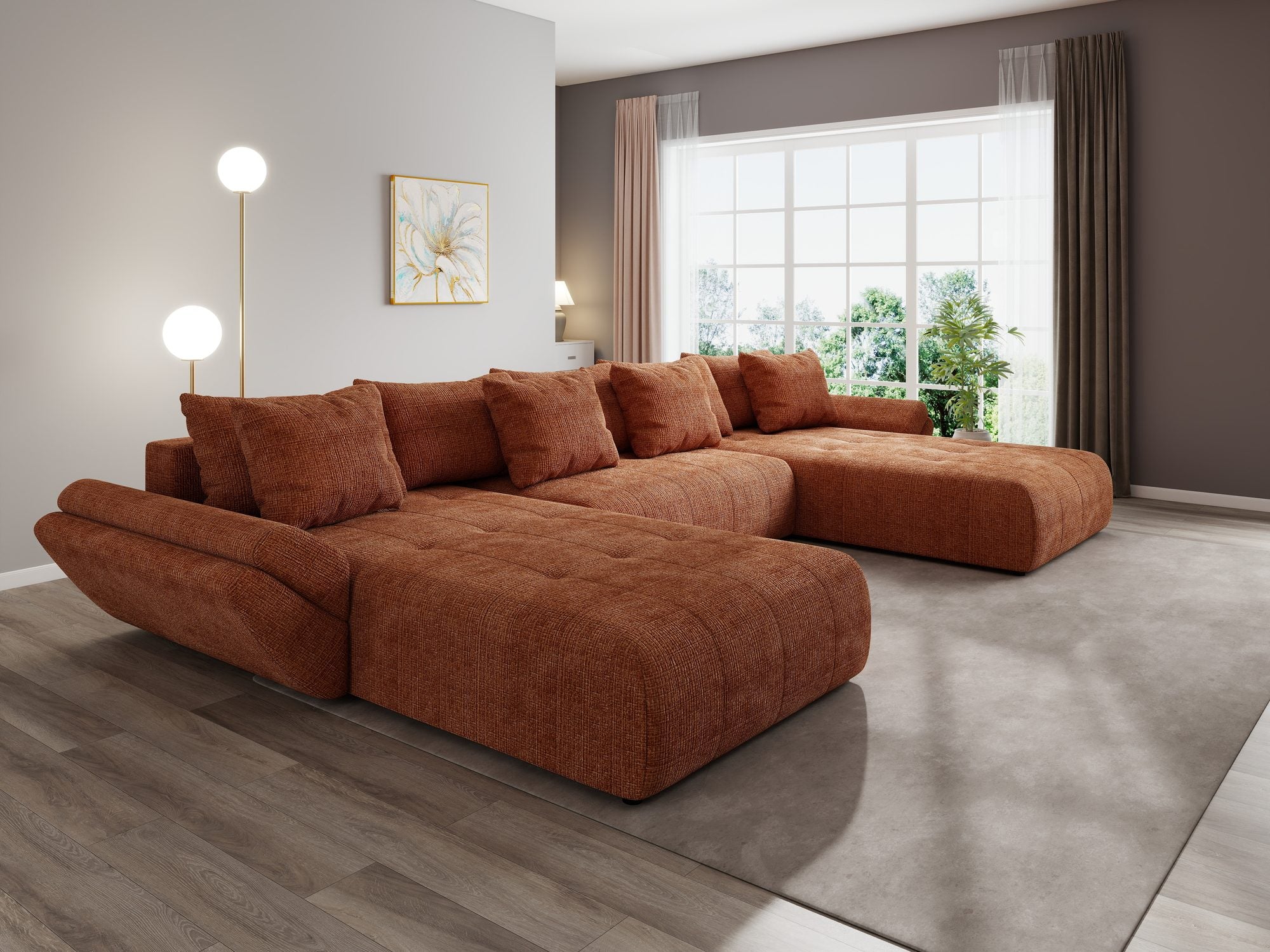 Colțar extensibil dumonde cu ladă de depozitare si sezut confortabil din spuma high-density, Berlin U Cremona Teracota 52 380x180 cm
