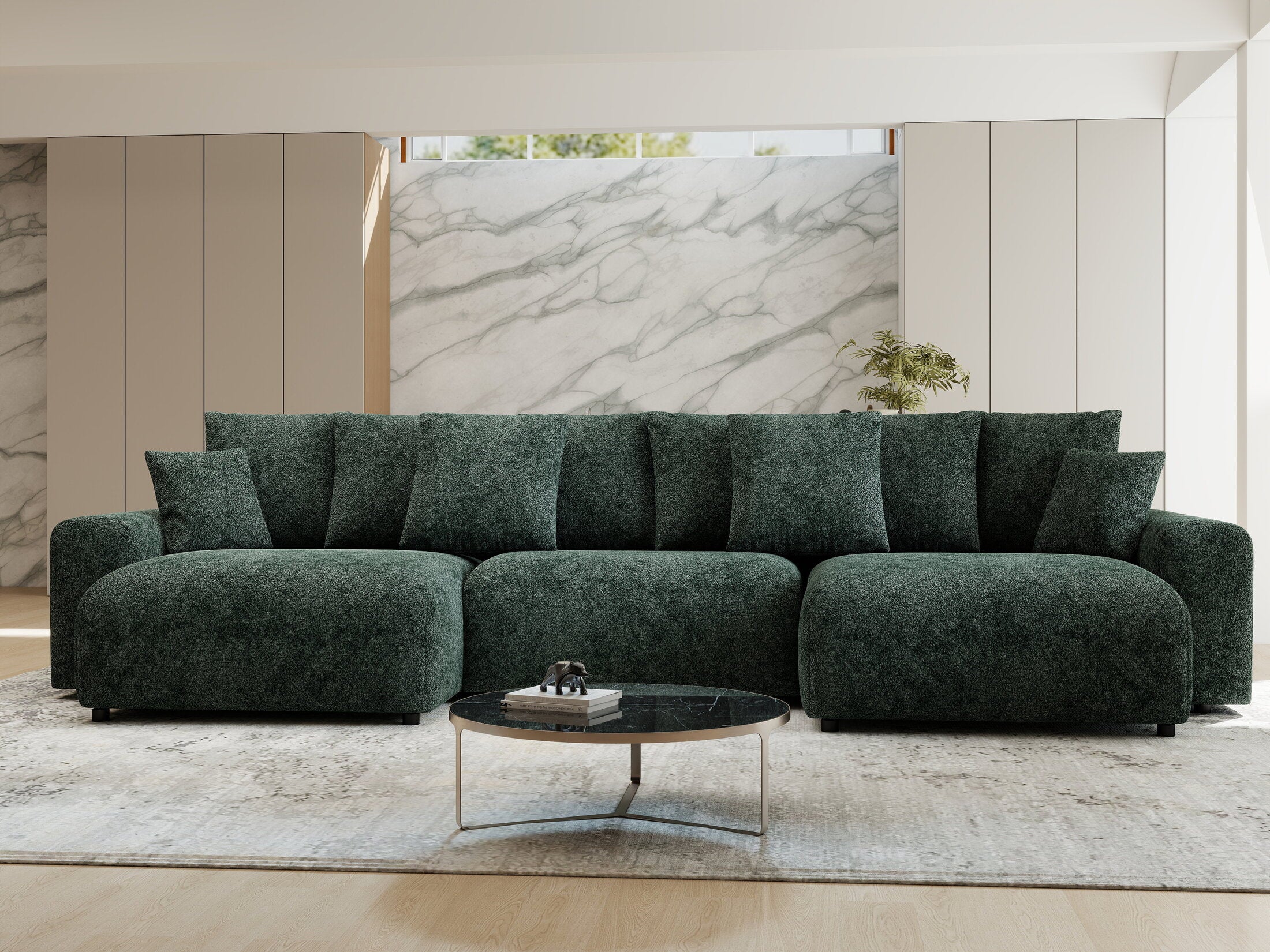 Colțar extensibil dumonde cu ladă de depozitare si sezut confortabil din spuma HR, Luma U Euphoria Verde 336x140 cm