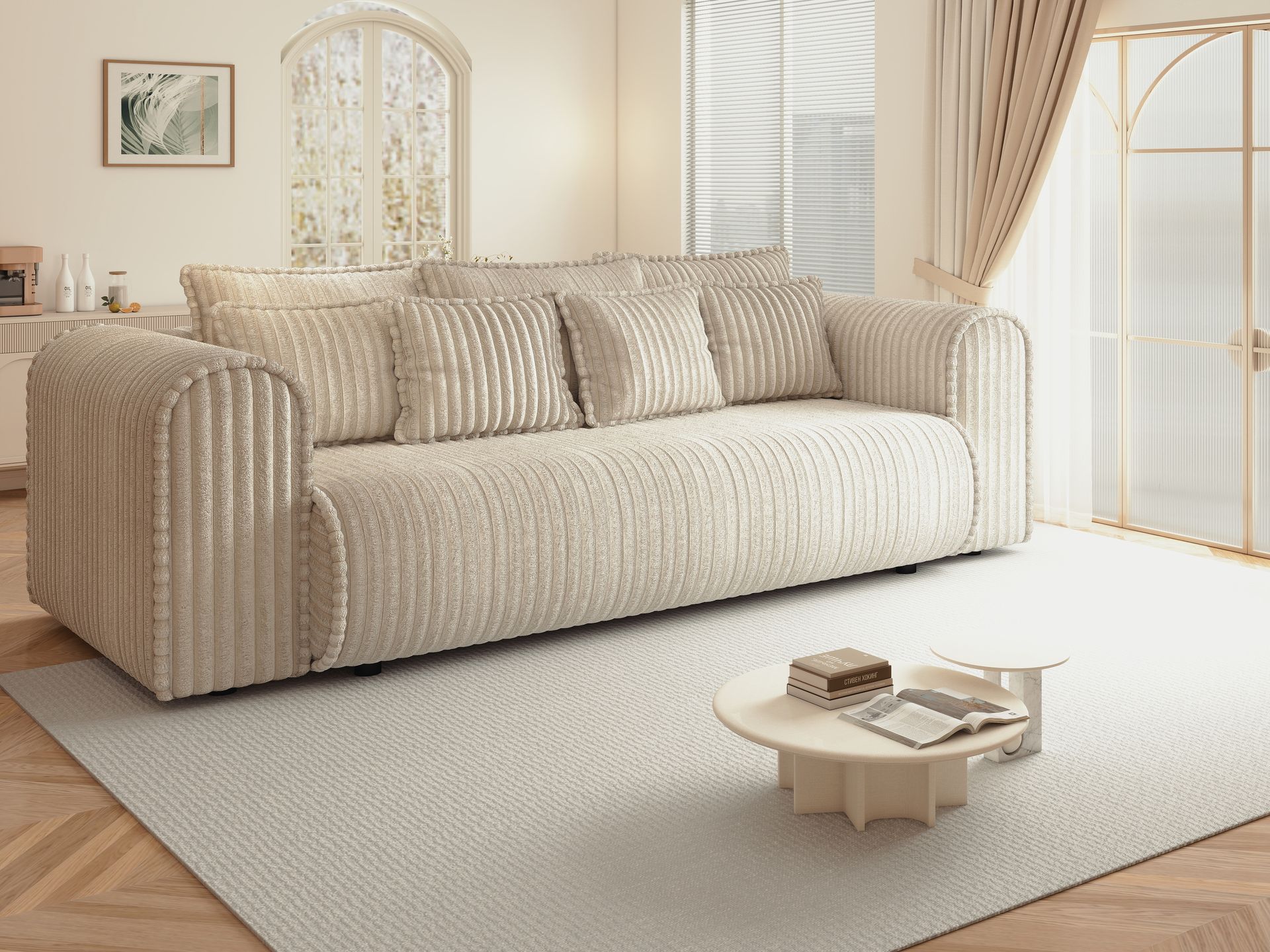 Canapea extensibilă dumonde cu ladă de depozitare si sezut confortabil din spuma high-density, Monaco Mica Tilia Crem 240x100 cm