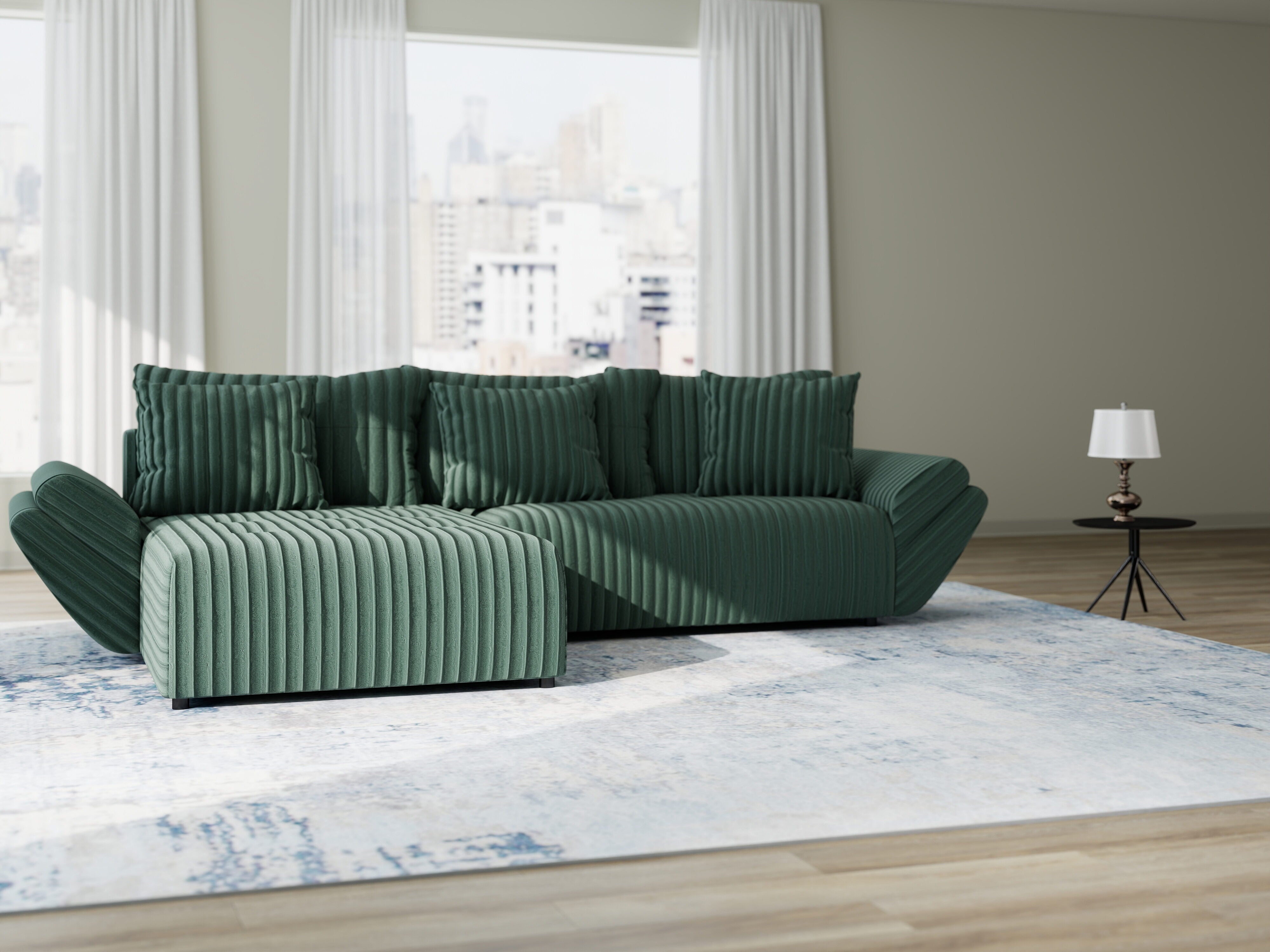 Colțar extensibil dumonde cu ladă de depozitare si sezut confortabil din spuma HR, Berlin Ambience Verde 280x185 cm