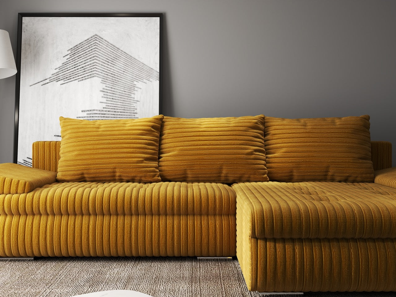 Colțar extensibil dumonde cu ladă de depozitare si sezut confortabil din spuma HR, Leonardo Ambience Mustar 260x185 cm II Fabrica