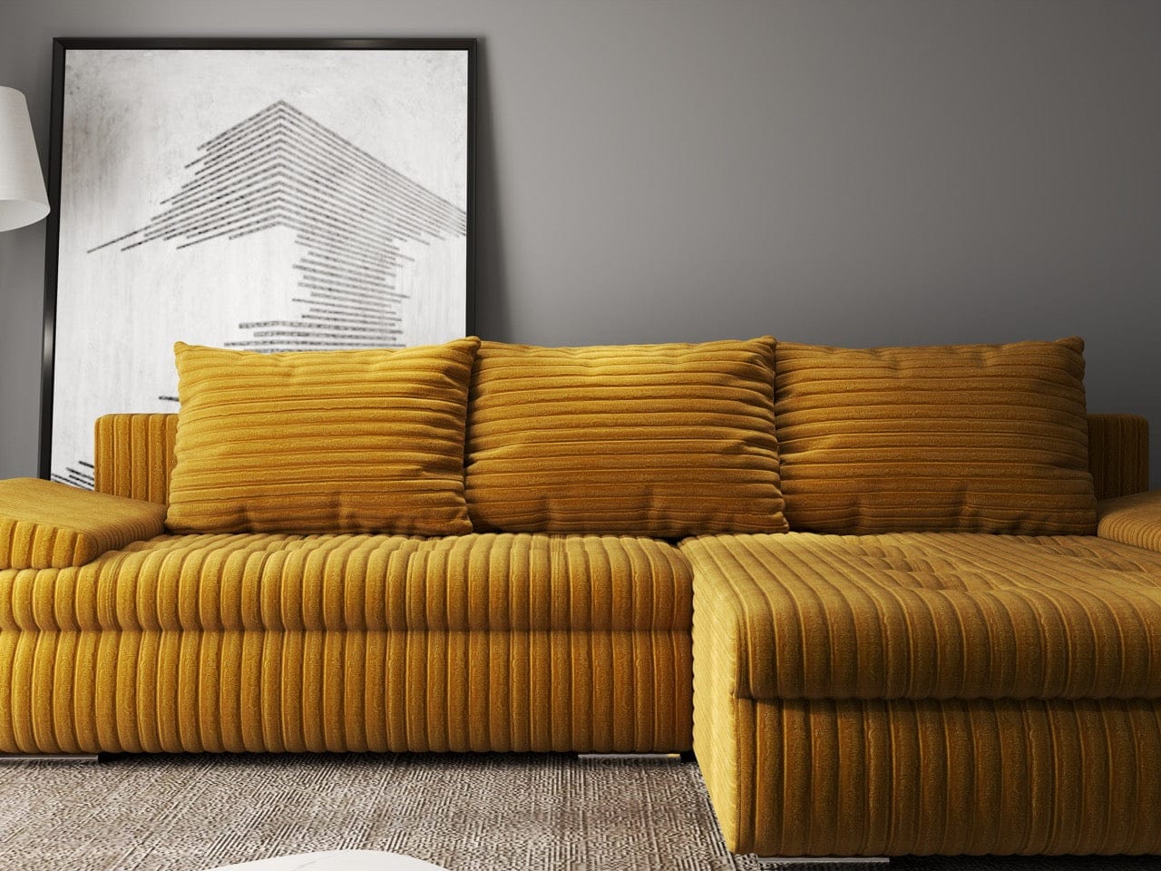 Colțar extensibil dumonde cu ladă de depozitare si sezut confortabil din spuma HR, Leonardo Ambience Mustar 260x185 cm II Fabrica