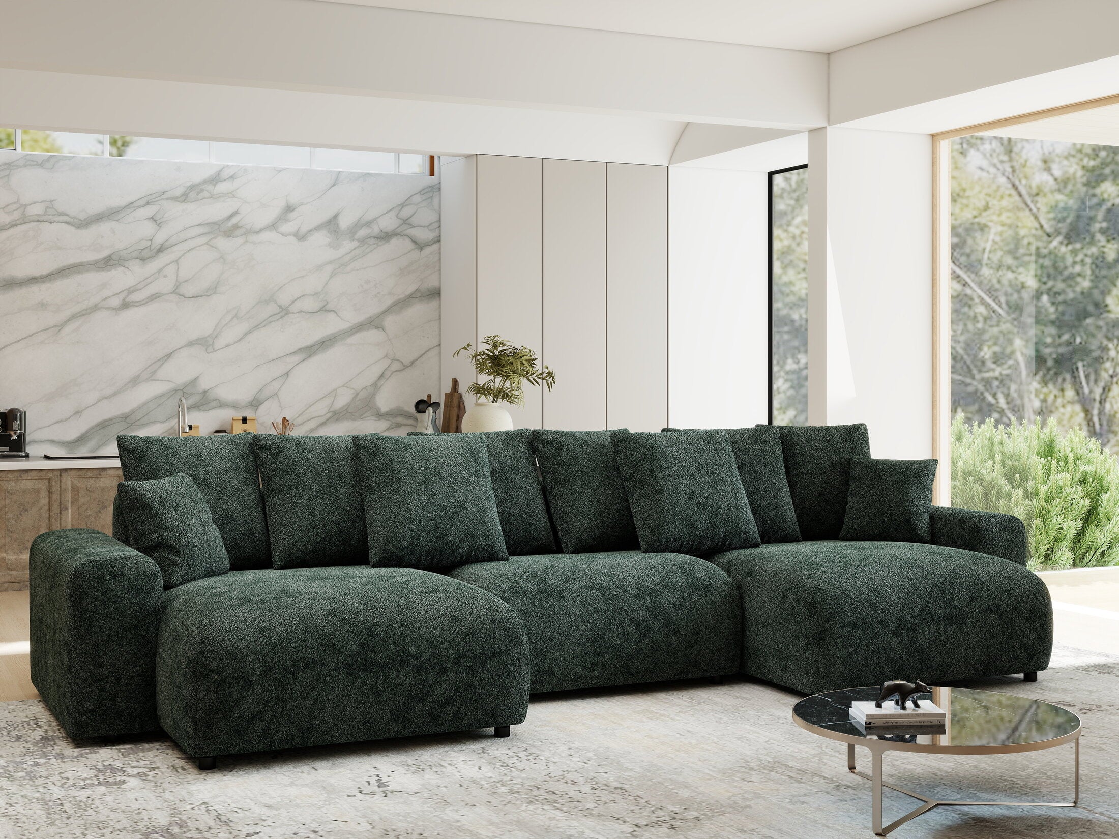 Colțar extensibil dumonde cu ladă de depozitare si sezut confortabil din spuma HR, Luma U Euphoria Verde 336x140 cm