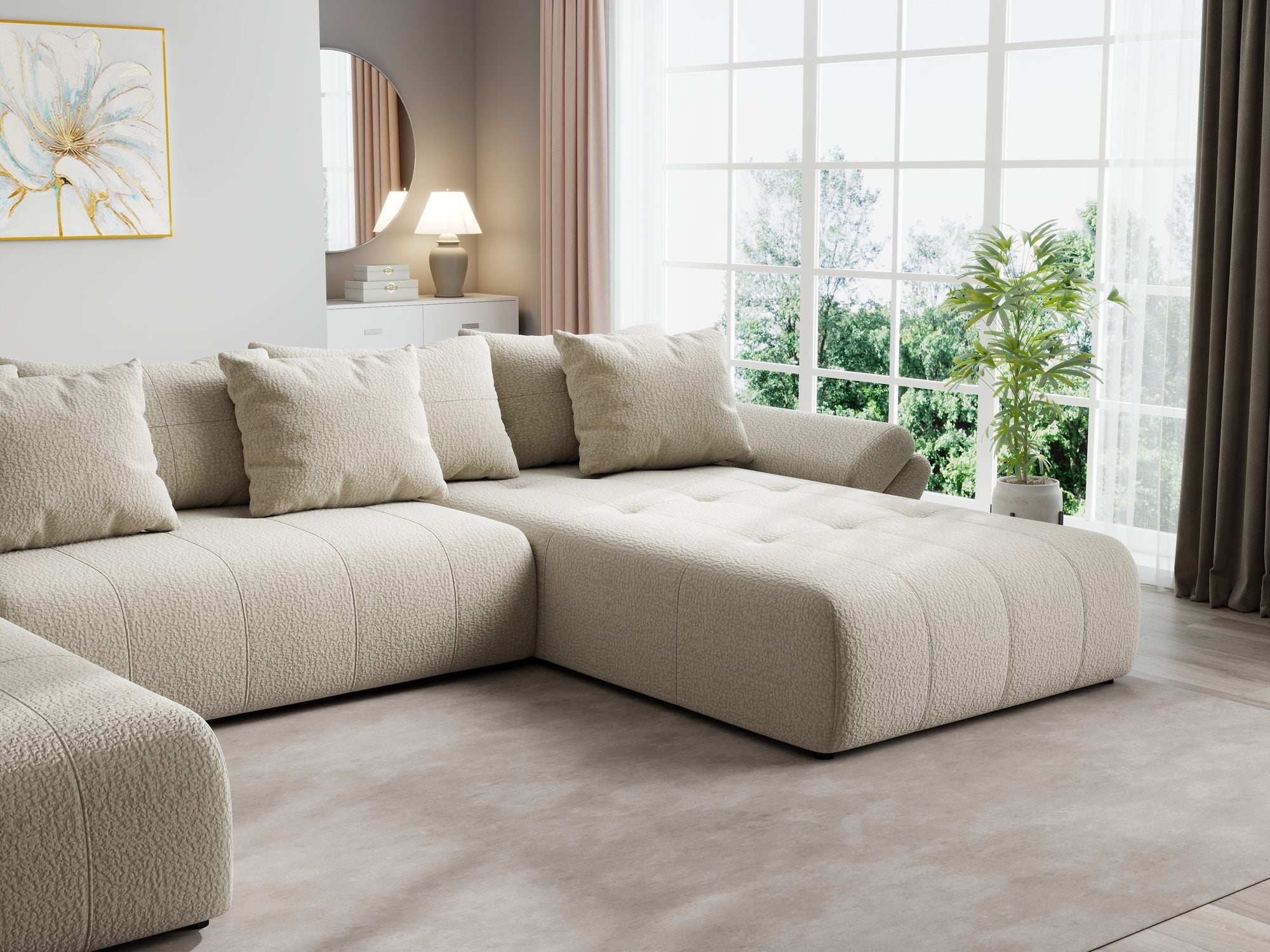 Colțar extensibil dumonde cu ladă de depozitare si sezut confortabil din spuma high-density, Berlin U Jaguar Bej 4 380x180 cm