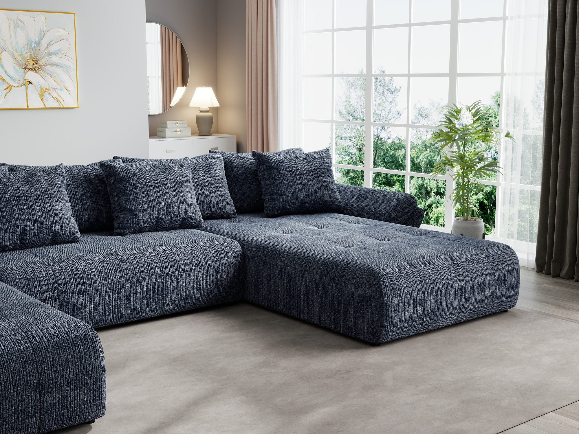 Colțar extensibil dumonde cu ladă de depozitare si sezut confortabil din spuma high-density, Berlin U Cremona Albastru 79 380x180 cm