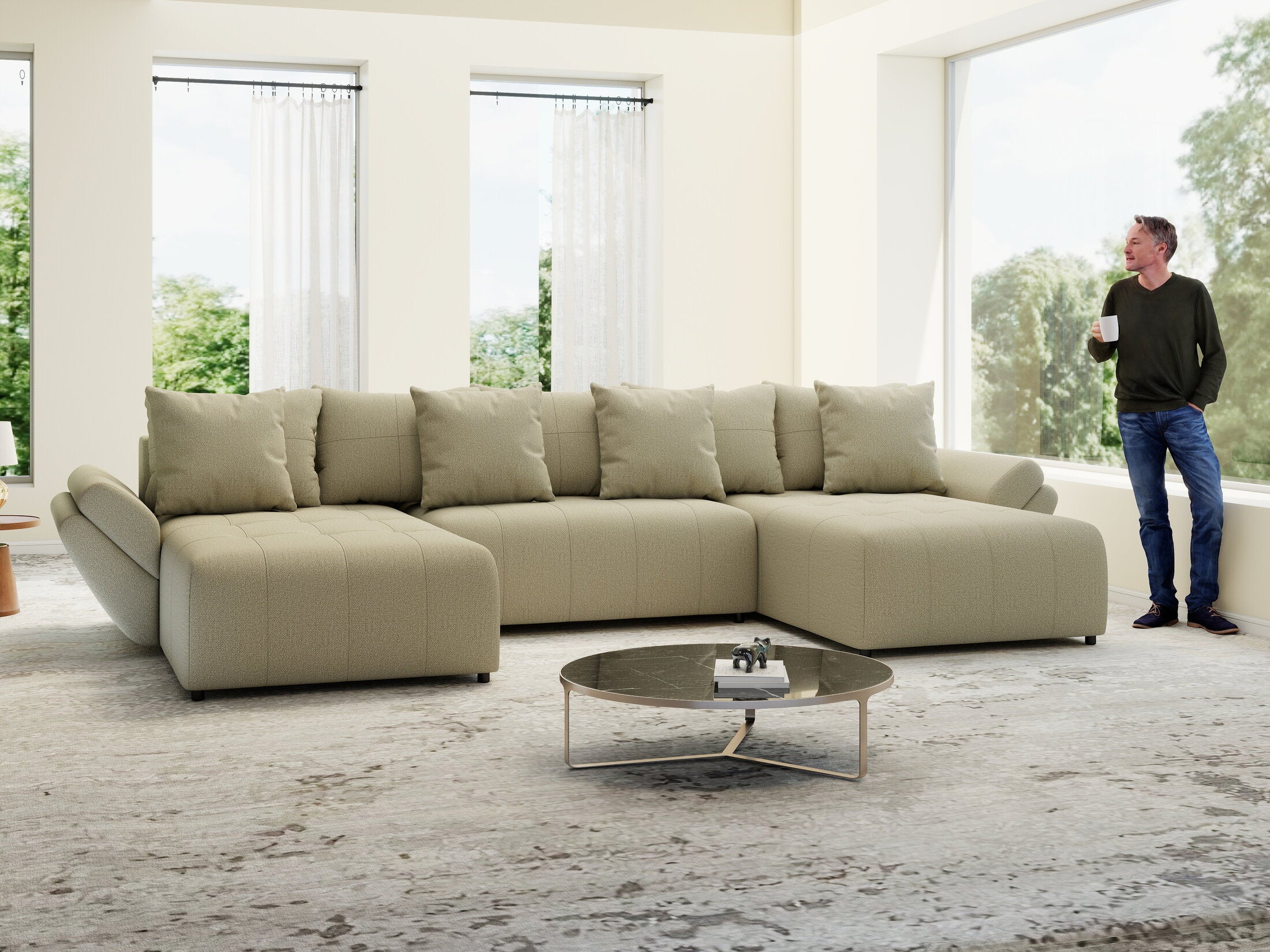 Colțar extensibil dumonde cu ladă de depozitare si sezut confortabil din spuma HR, Berlin U Enjoy Camel 380x180 cm