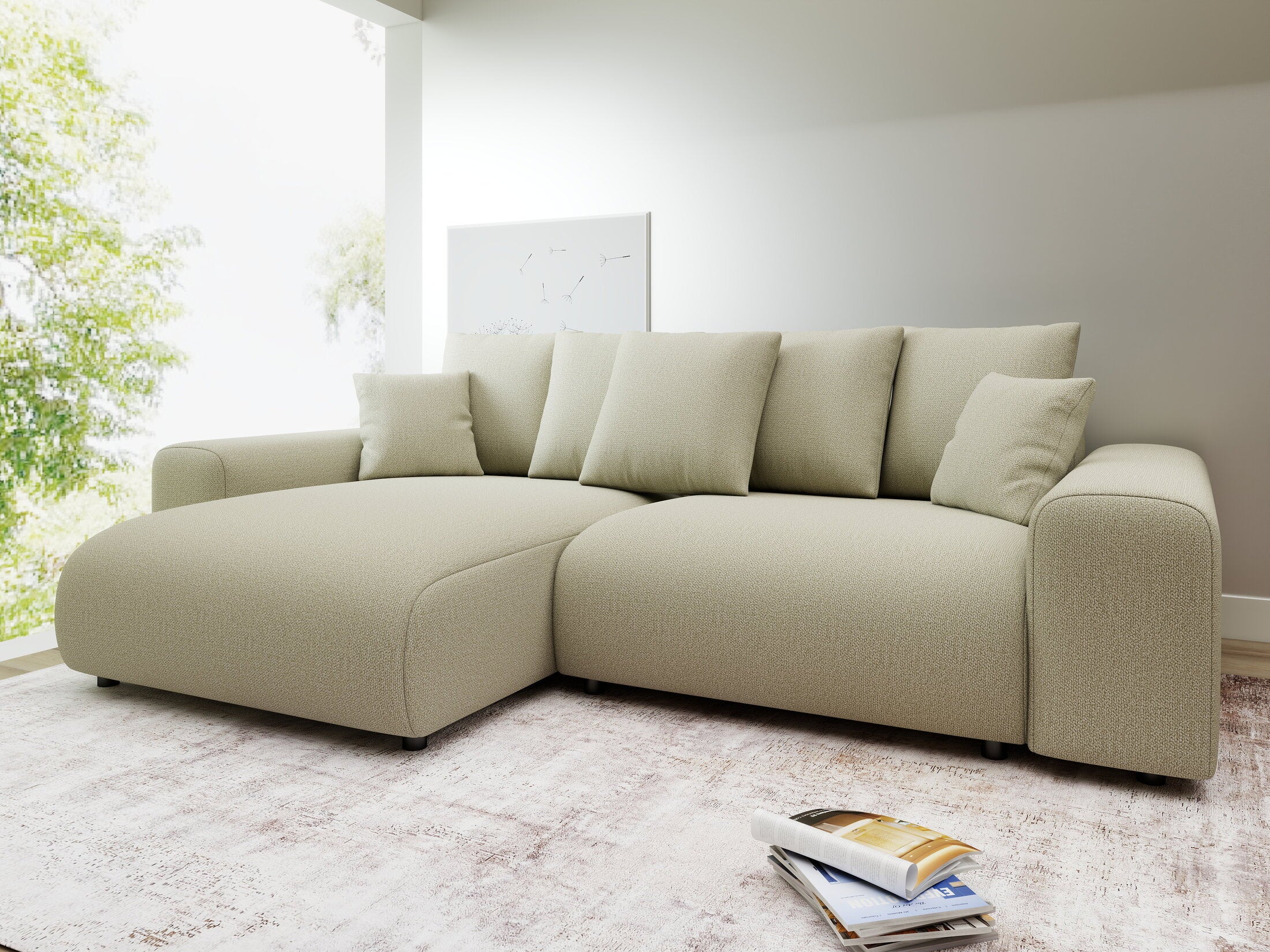 Colțar extensibil dumonde cu ladă de depozitare și șezut confortabil din spumă HR, Luma Enjoy Bej 255x168 cm