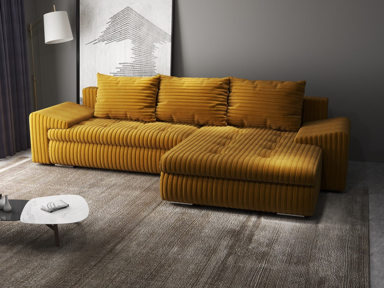 Colțar extensibil dumonde cu ladă de depozitare si sezut confortabil din spuma HR, Leonardo Ambience Mustar 260x185 cm II Fabrica