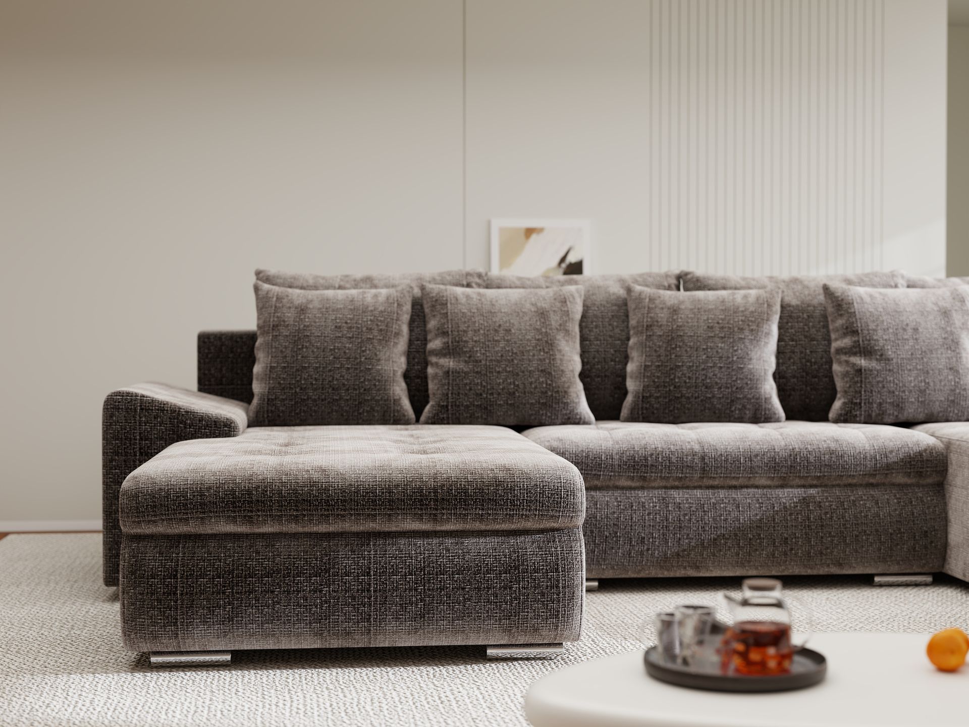 Colțar extensibil dumonde cu ladă de depozitare si sezut confortabil din spuma high-density, Leonardo U Cremona Maro-Bej 24 360x185 cm