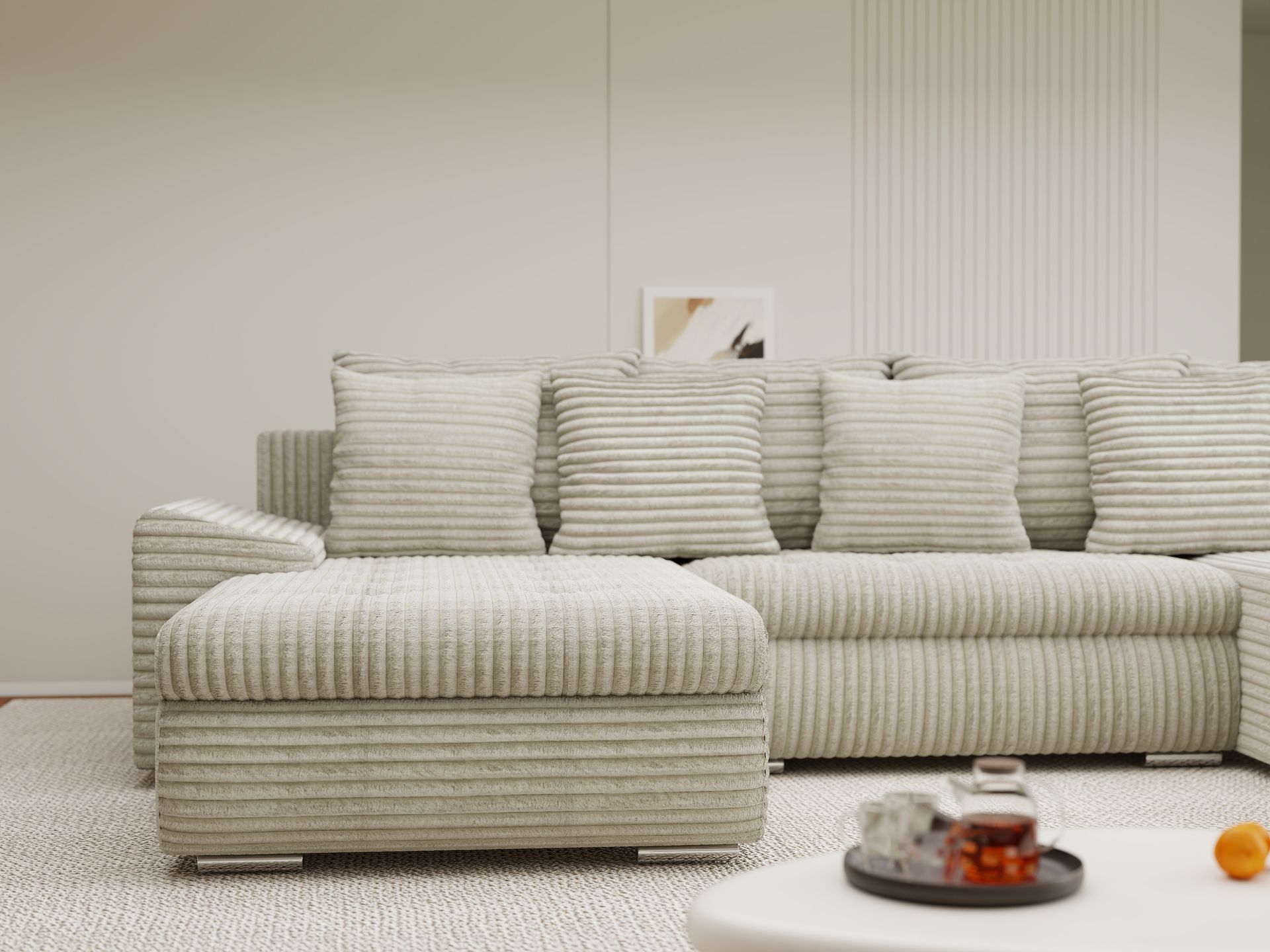 Colțar extensibil dumonde cu ladă de depozitare si sezut confortabil din spuma high-density, Leonardo U Tilia Bej 08 360x185 cm