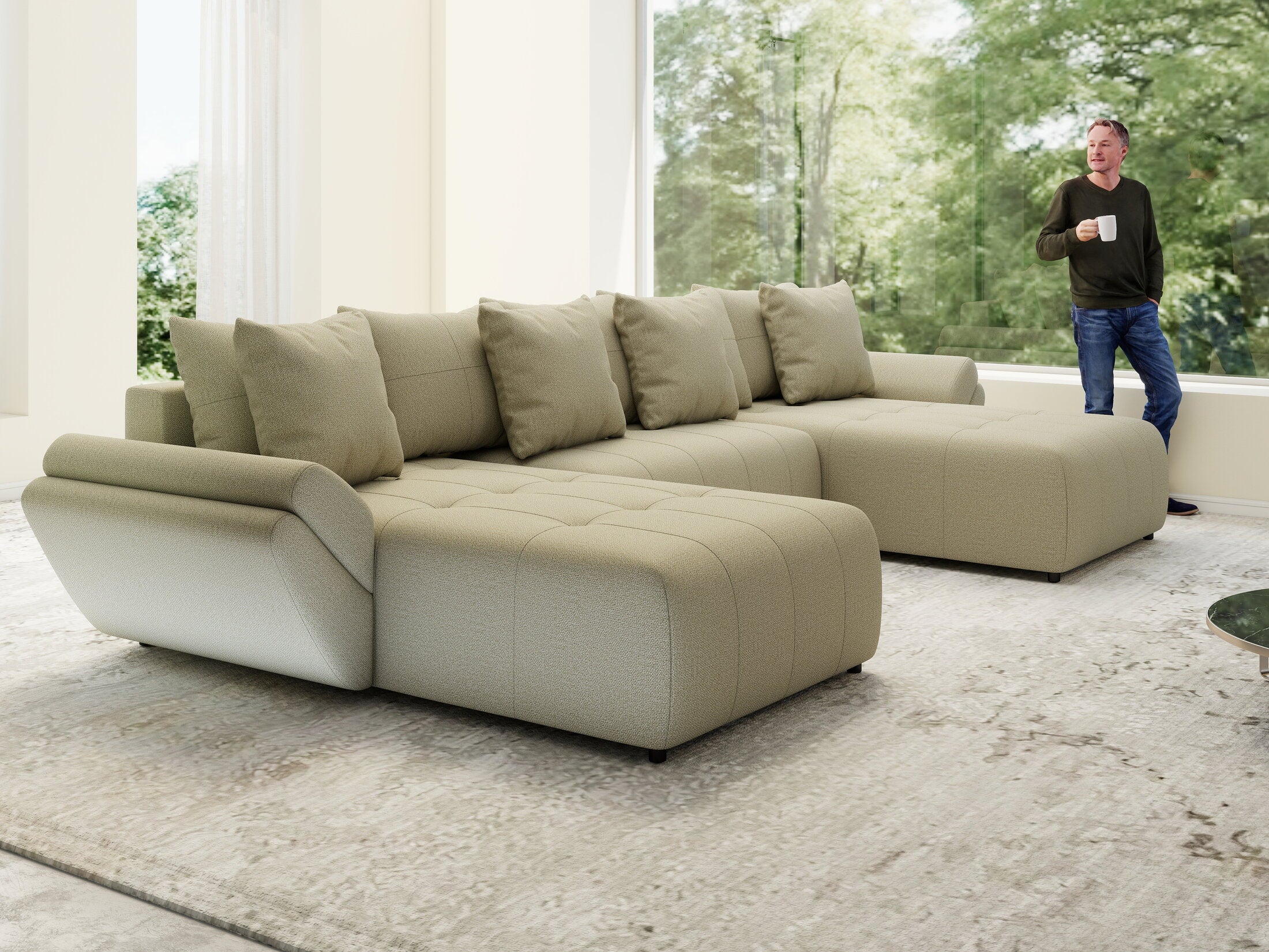 Colțar extensibil dumonde cu ladă de depozitare si sezut confortabil din spuma HR, Berlin U Enjoy Camel 380x180 cm