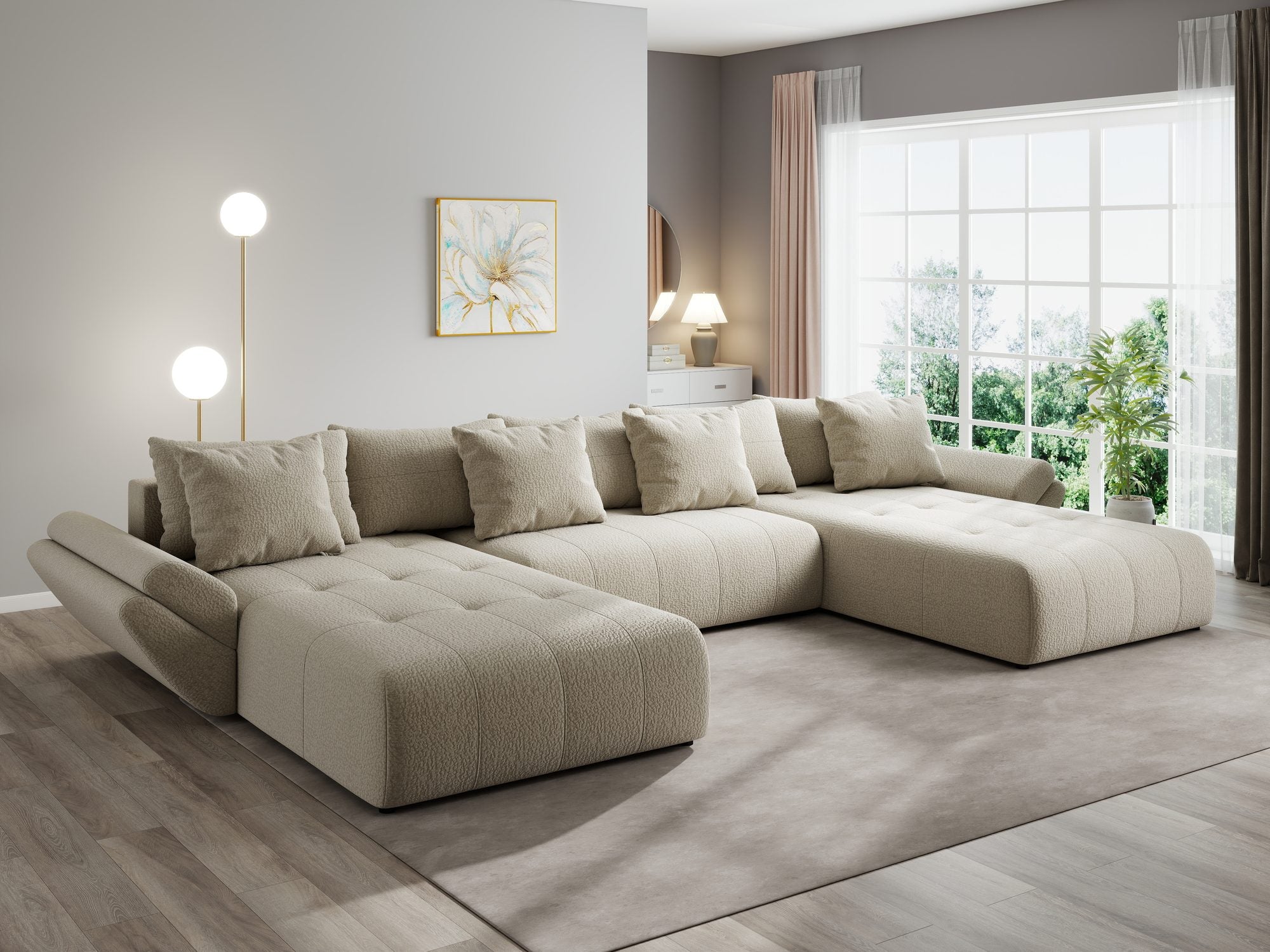 Colțar extensibil dumonde cu ladă de depozitare si sezut confortabil din spuma high-density, Berlin U Jaguar Bej 4 380x180 cm