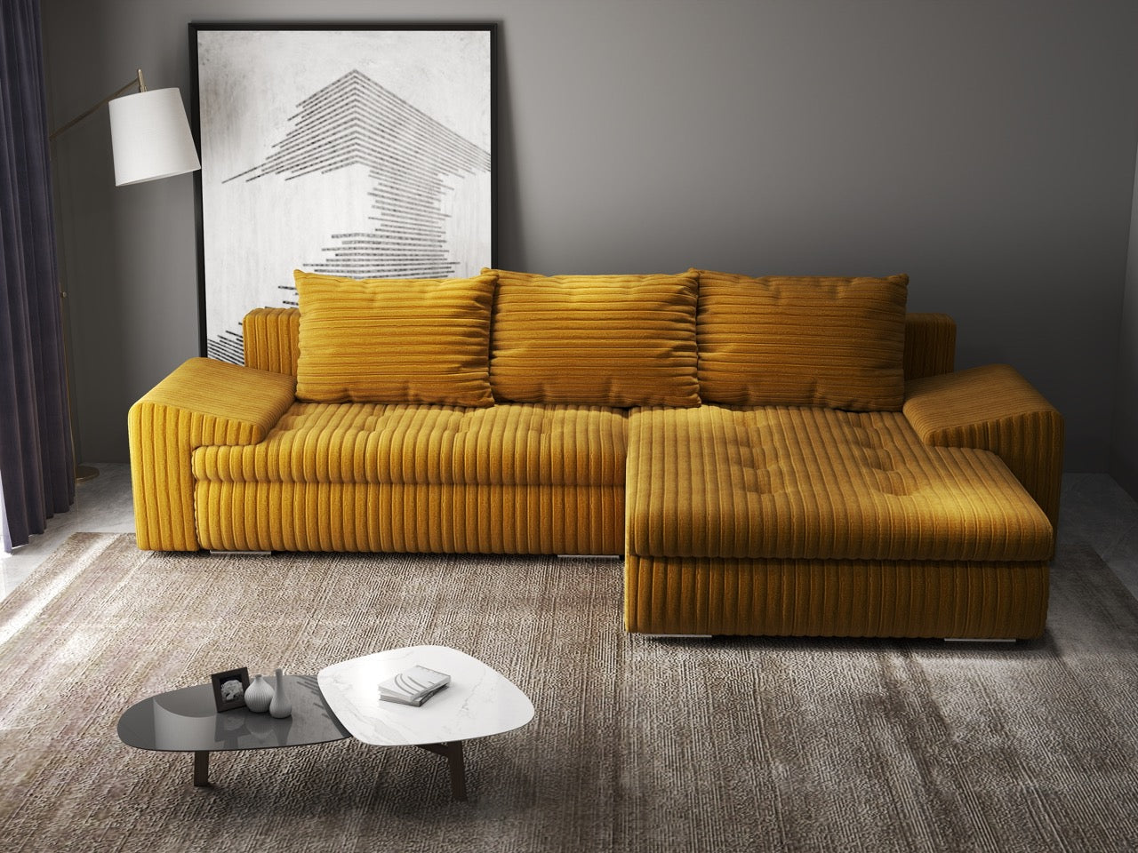 Colțar extensibil dumonde cu ladă de depozitare si sezut confortabil din spuma HR, Leonardo Ambience Mustar 260x185 cm II Fabrica