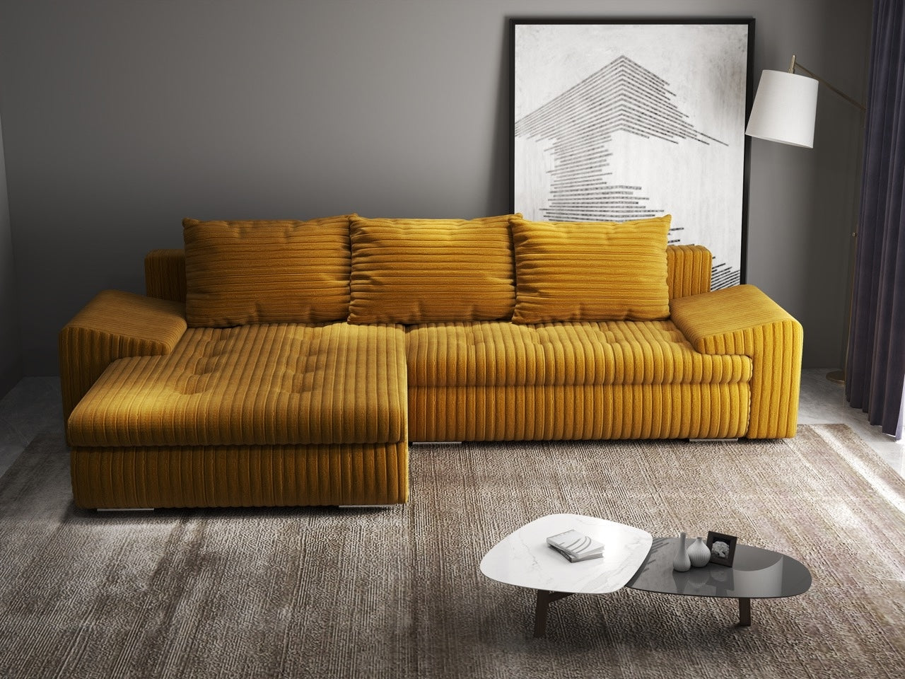 Colțar extensibil dumonde cu ladă de depozitare si sezut confortabil din spuma HR, Leonardo Ambience Mustar 260x185 cm Fabrica