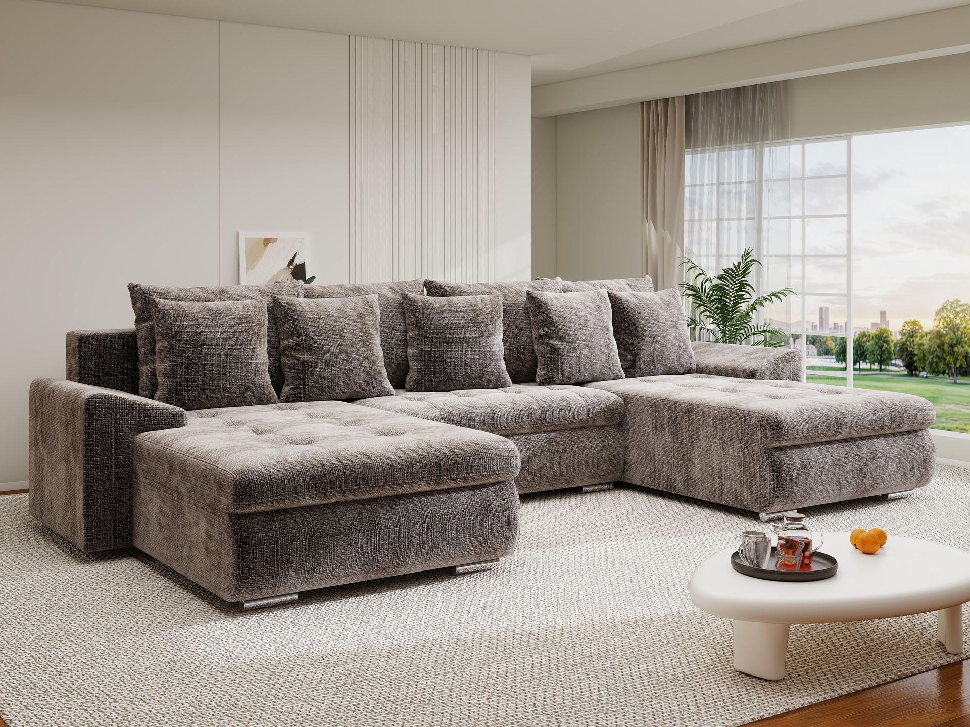 Colțar extensibil dumonde cu ladă de depozitare si sezut confortabil din spuma high-density, Leonardo U Cremona Maro-Bej 24 360x185 cm