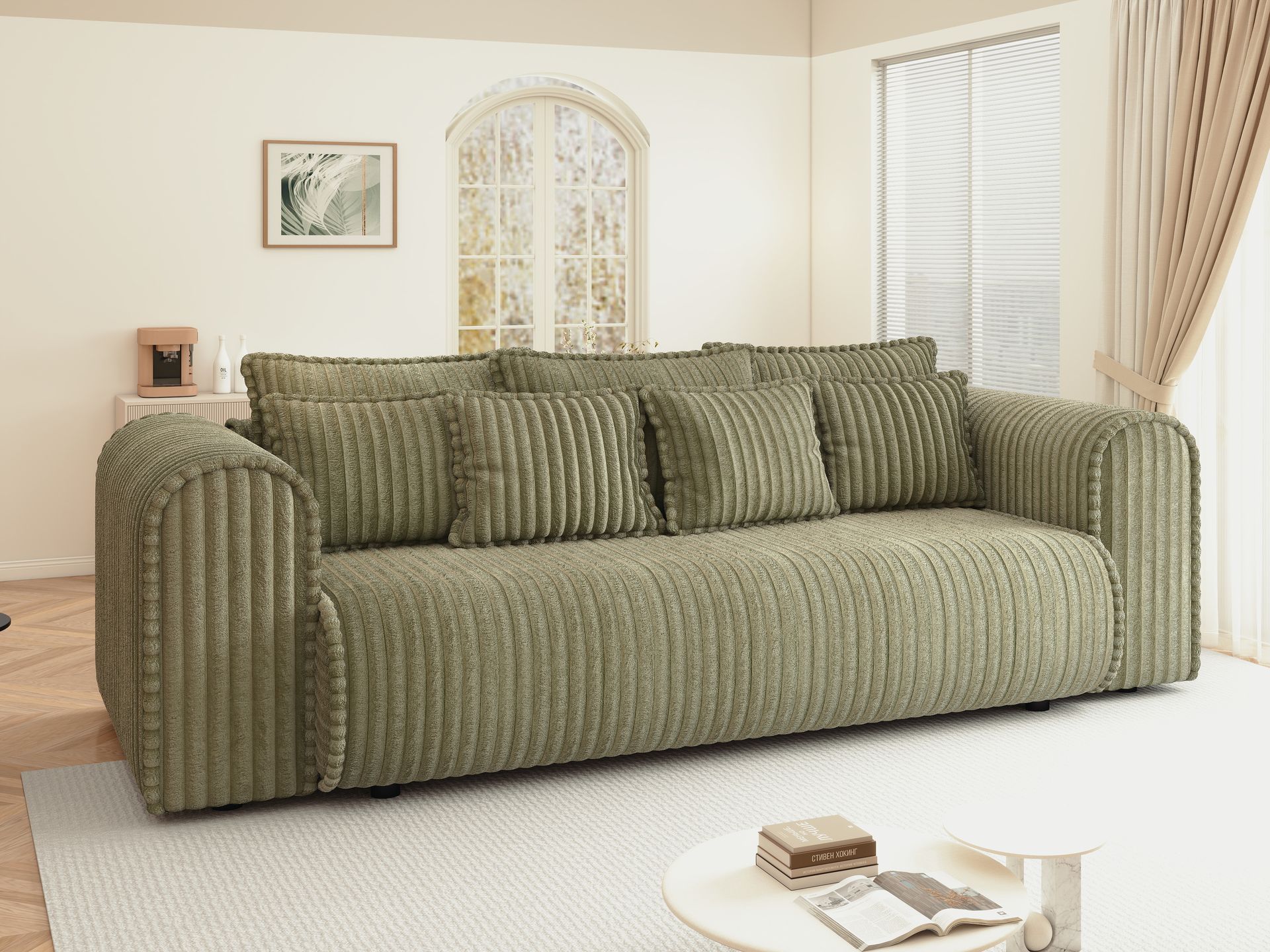 Canapea extensibilă dumonde cu ladă de depozitare si sezut confortabil din spuma high-density, Monaco Mica Tilia Olive 240x100 cm