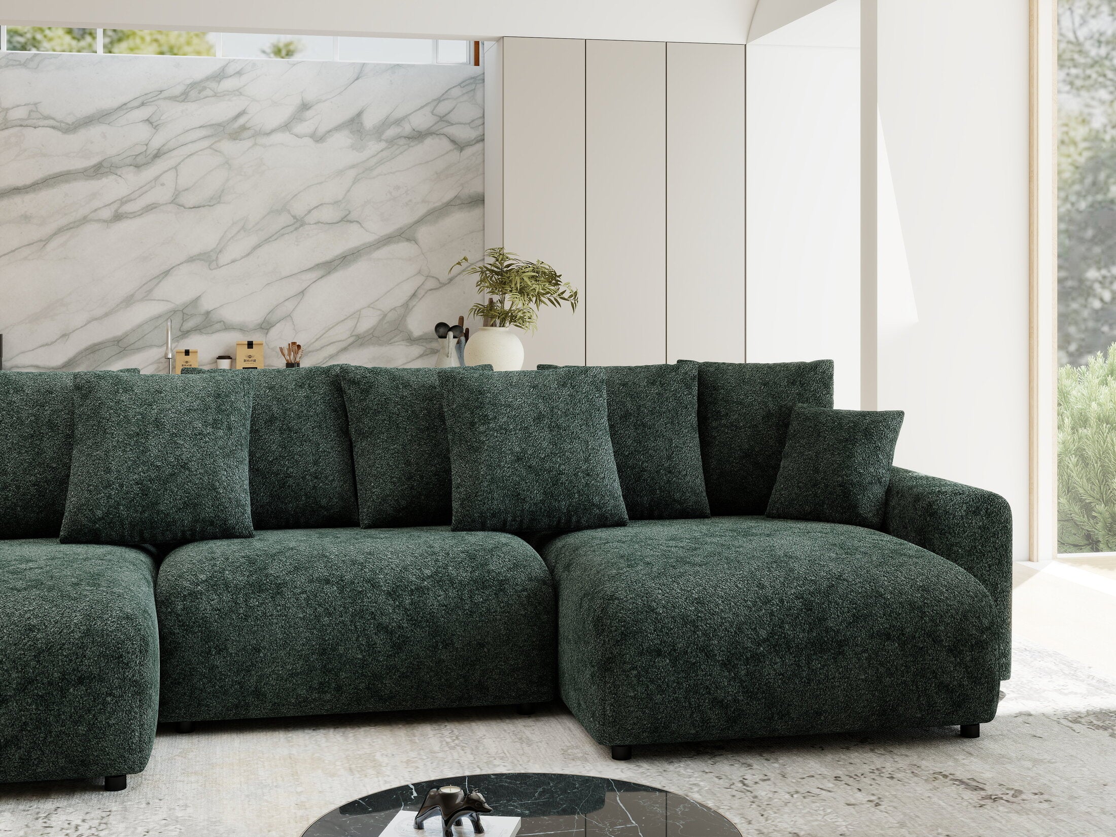 Colțar extensibil dumonde cu ladă de depozitare si sezut confortabil din spuma HR, Luma U Euphoria Verde 336x140 cm