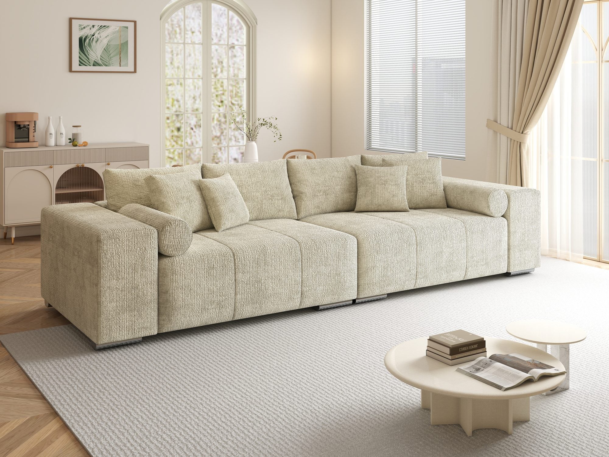 Canapea extensibilă dumonde cu ladă de depozitare si sezut confortabil din spuma high-density, Marbela XXL Cremona Gri Deschis 02 290x100 cm