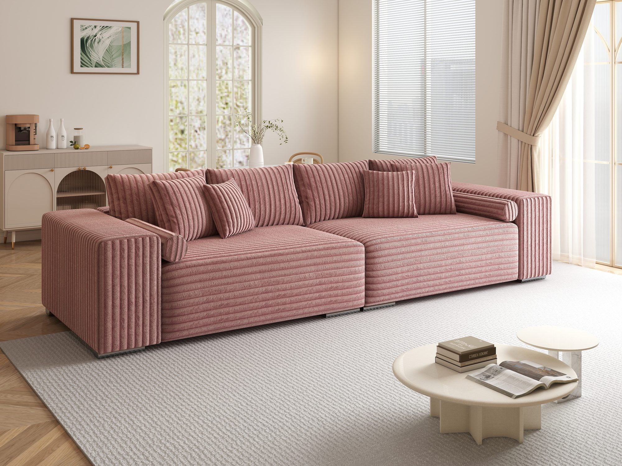 Canapea extensibilă dumonde cu ladă de depozitare si sezut confortabil din spuma high-density, Marbela XXL Tilia Roz Pudrat 62 290x100 cm