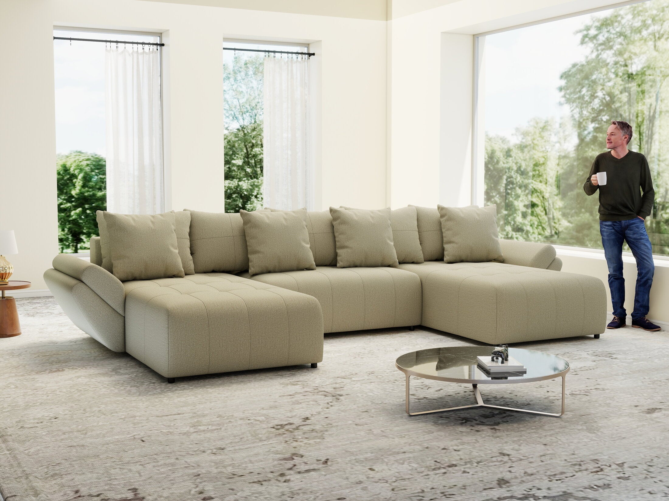 Colțar extensibil dumonde cu ladă de depozitare si sezut confortabil din spuma HR, Berlin U Enjoy Camel 380x180 cm