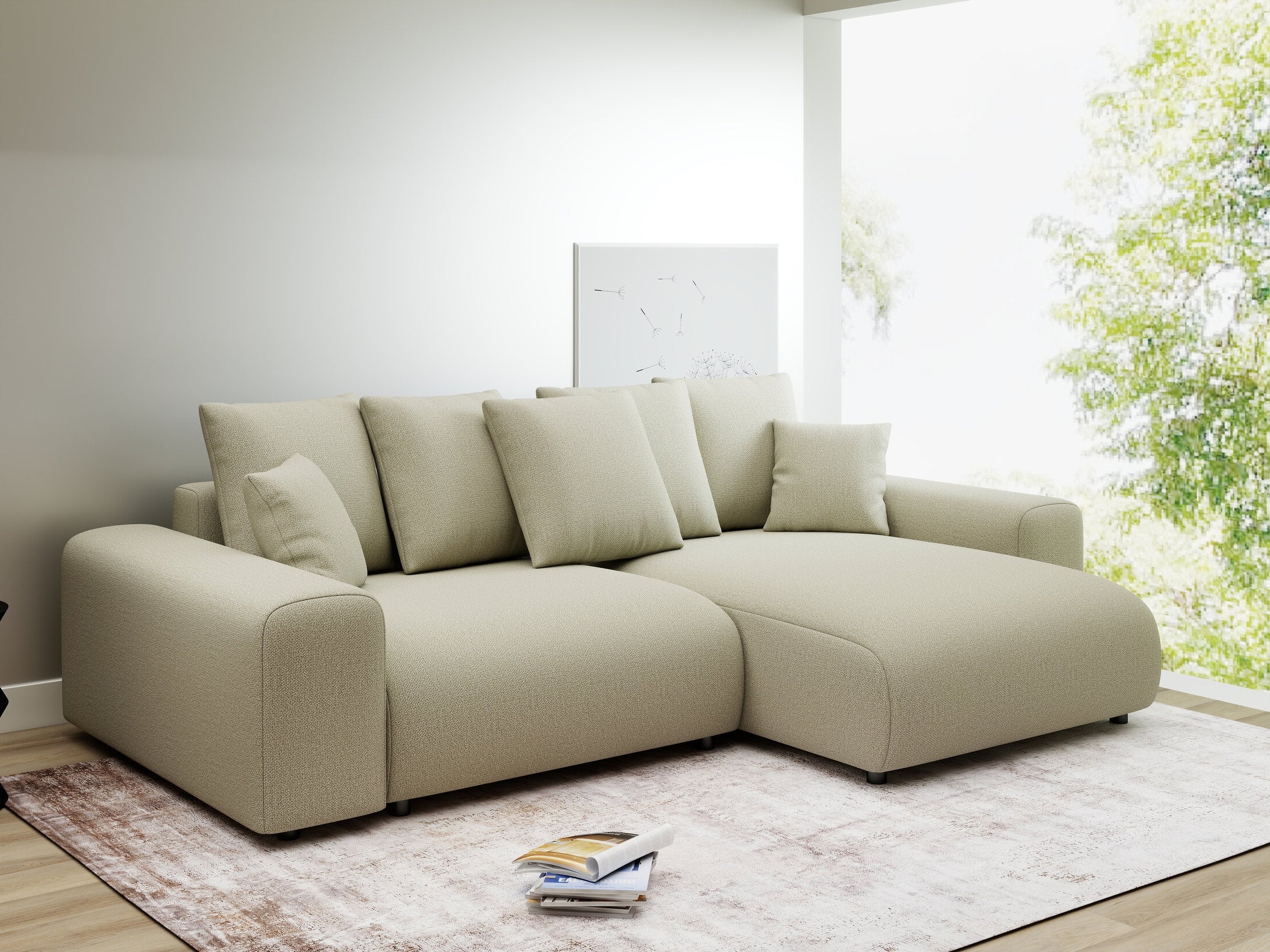 Colțar extensibil dumonde cu ladă de depozitare și șezut confortabil din spumă HR, Luma Enjoy Bej 255x168 cm II