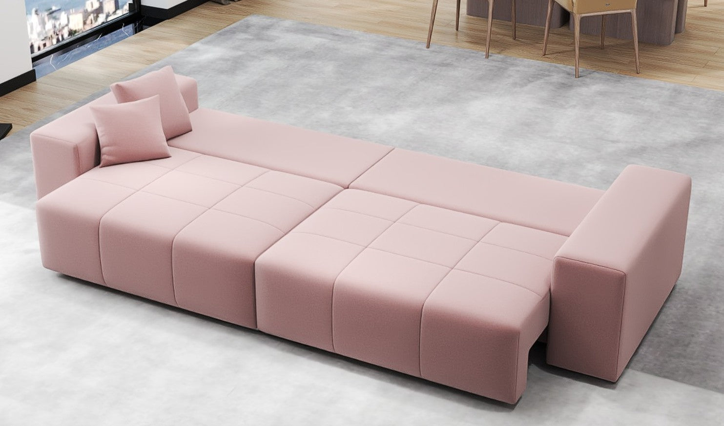 Canapea extensibilă dumonde cu ladă de depozitare si sezut confortabil din spuma HR, Marbela Royal Roz XXL 295x100 cm fabrica